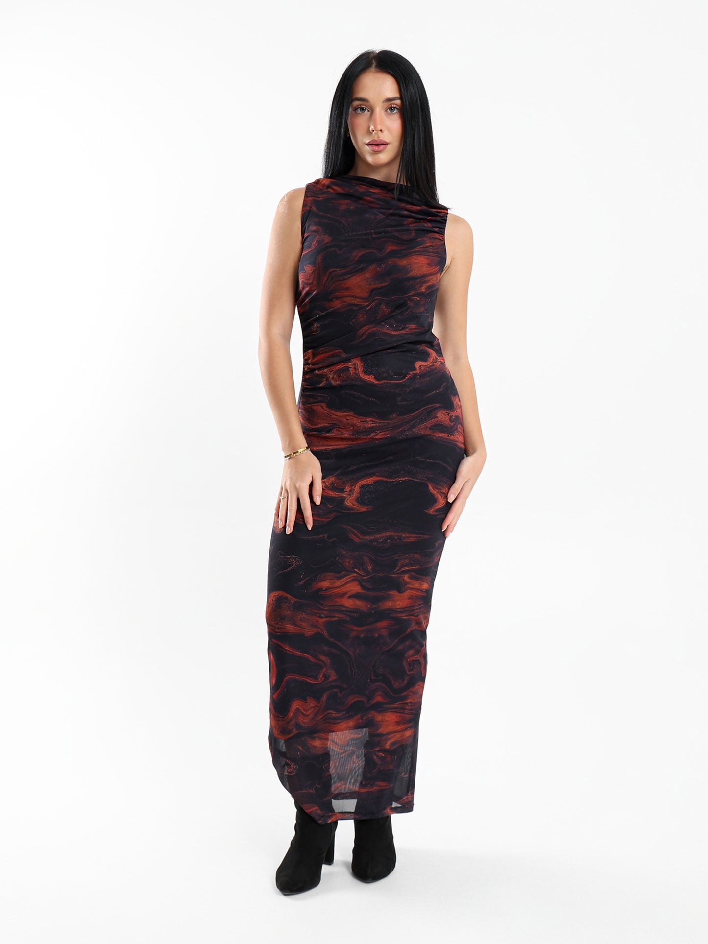 Draped Sleeveless Long Printed Mesh Dress
