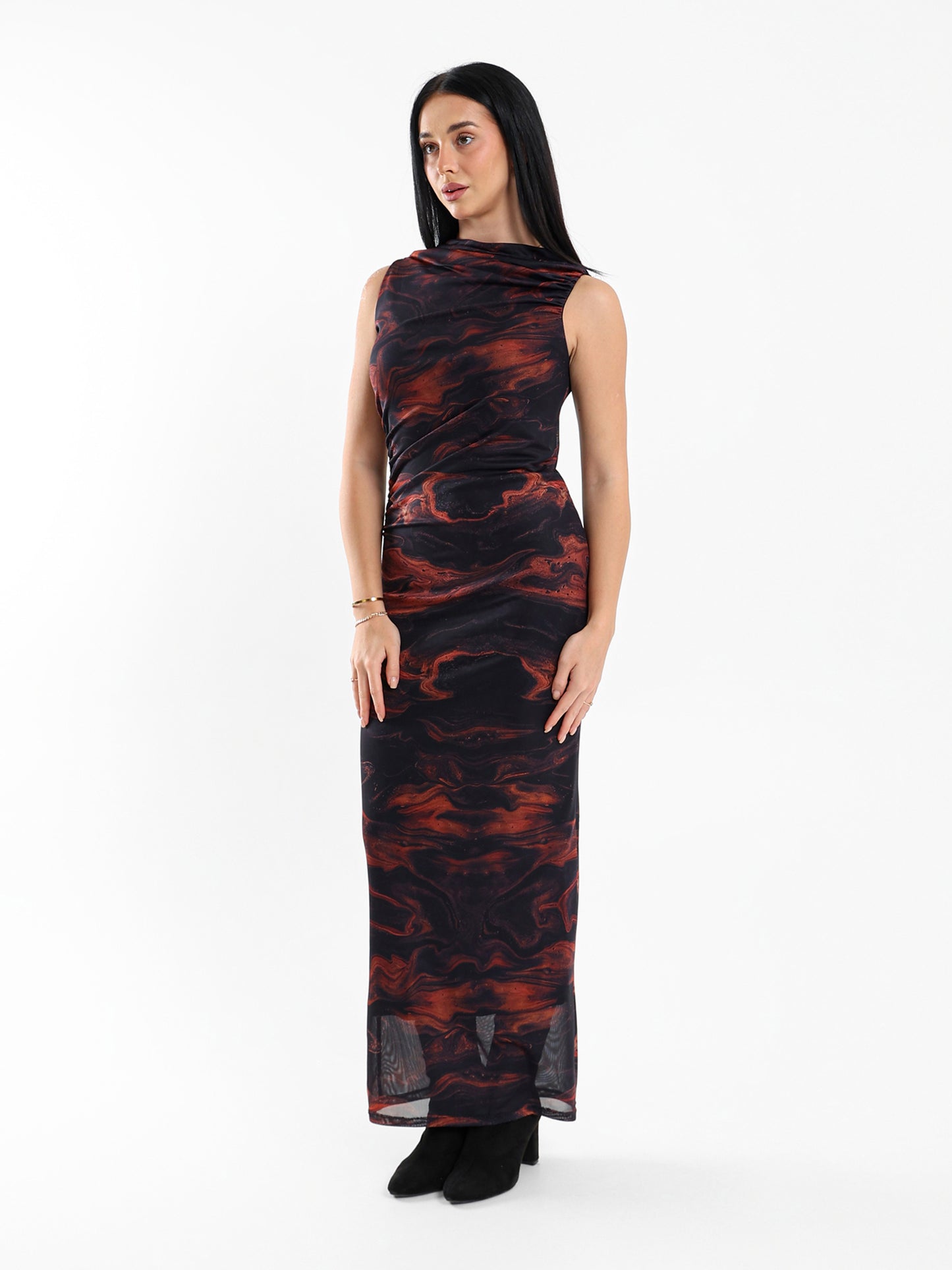 Draped Sleeveless Long Printed Mesh Dress