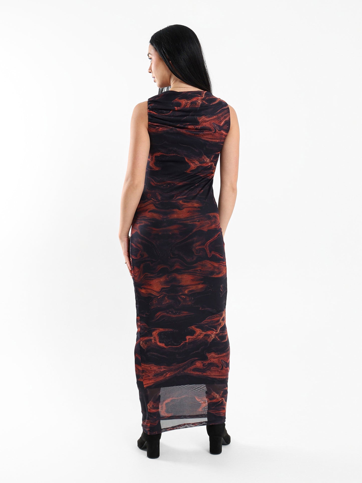 Draped Sleeveless Long Printed Mesh Dress