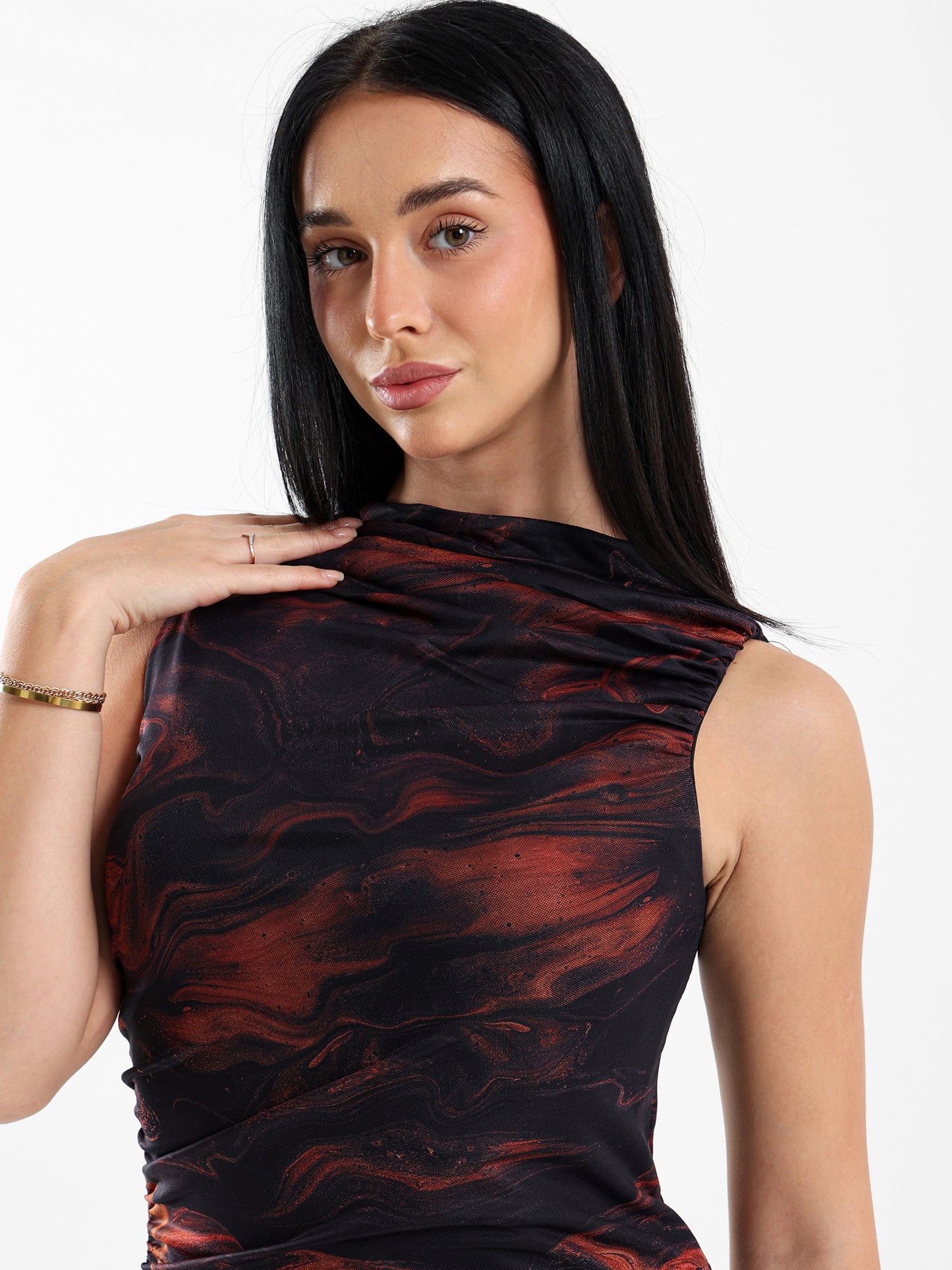 Draped Sleeveless Long Printed Mesh Dress