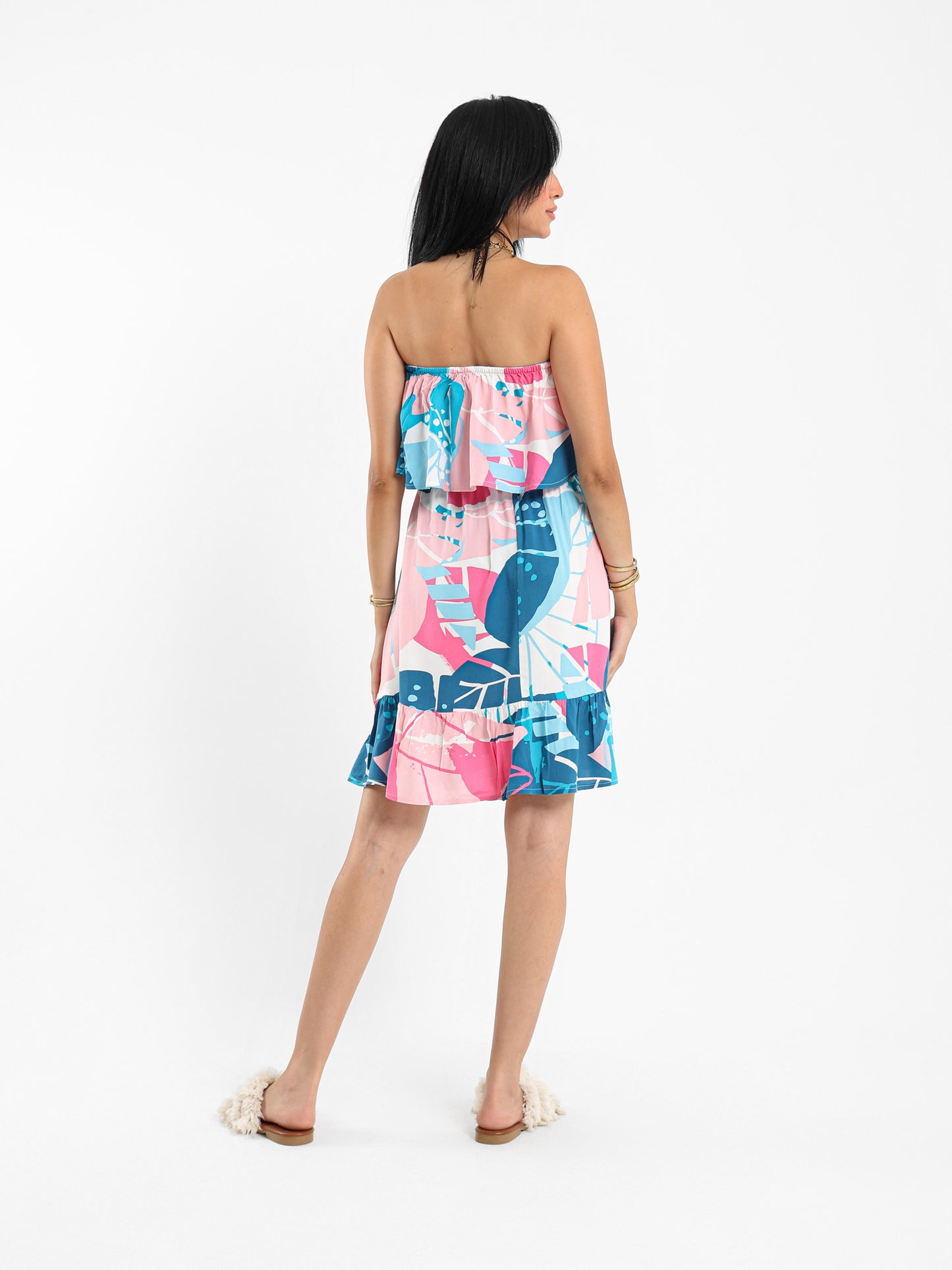 Printed Strapless Ruffled Mini Dress