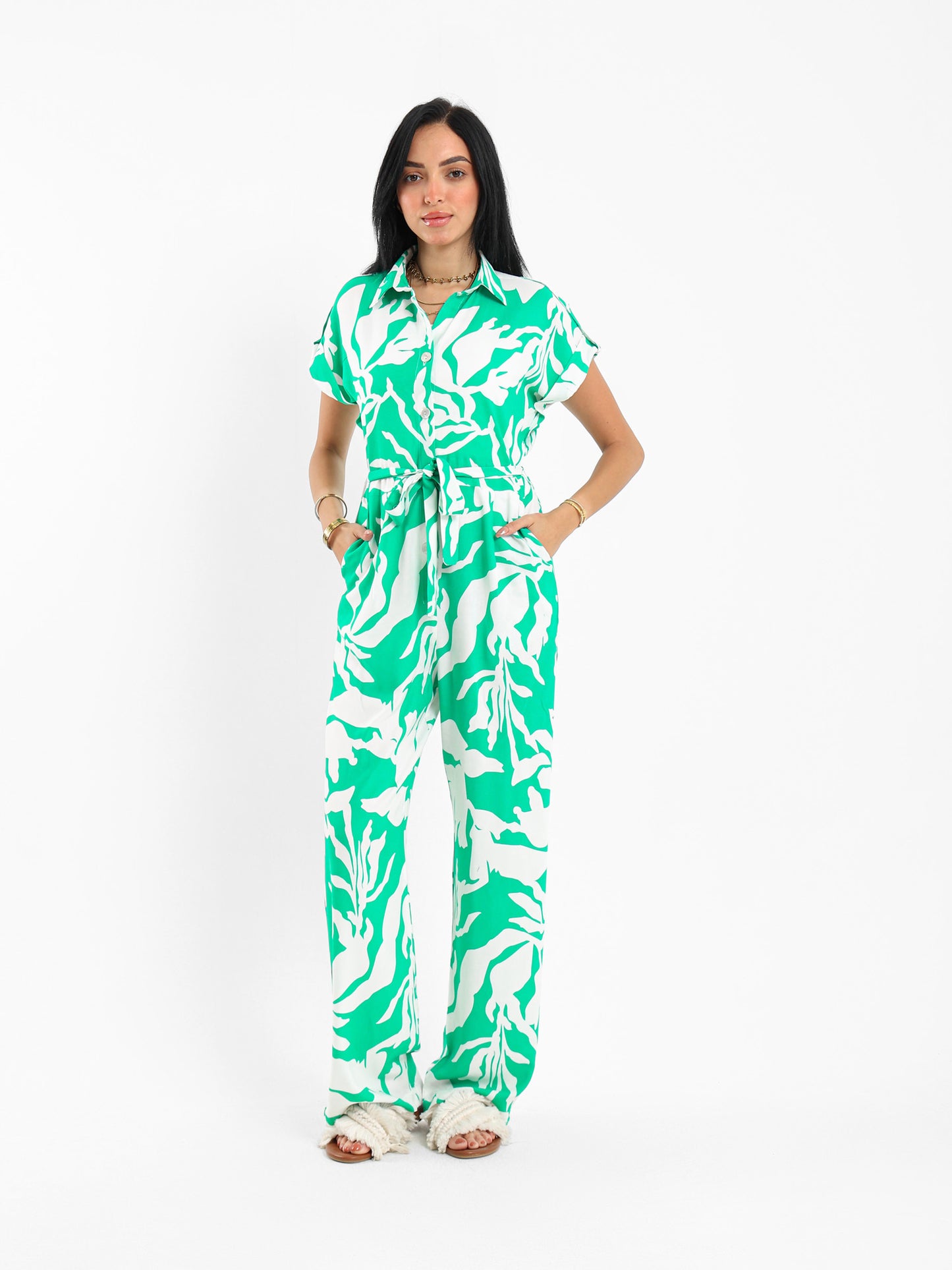 Printed Short-Sleeve Belted Jumpsuit