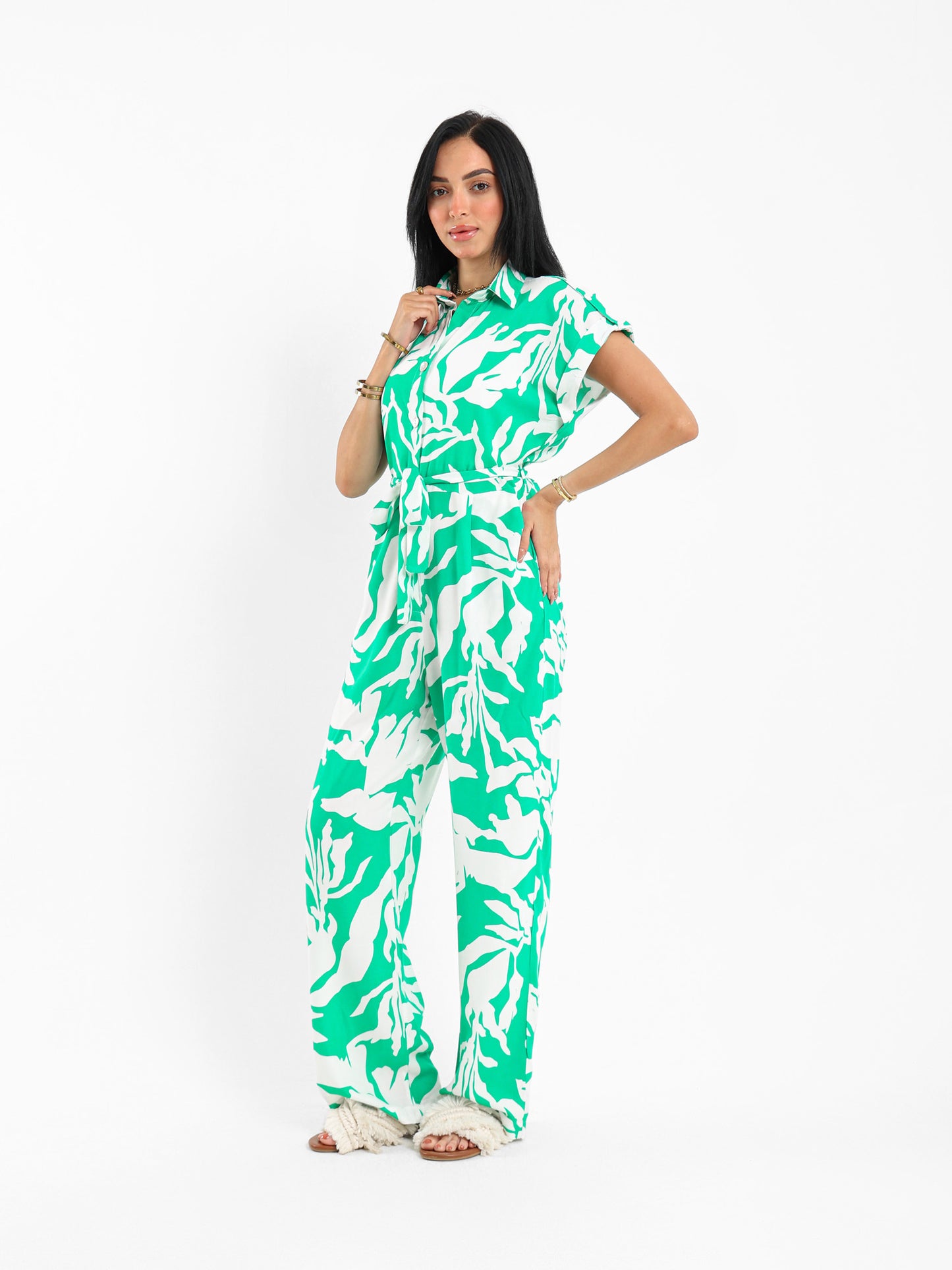 Printed Short-Sleeve Belted Jumpsuit