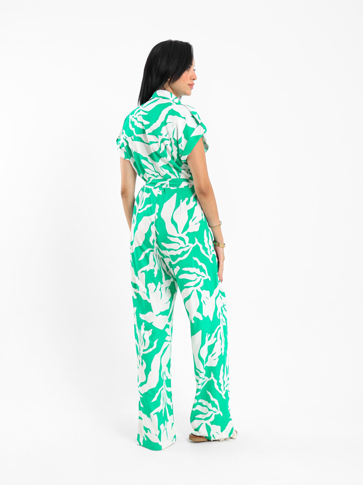 Printed Short-Sleeve Belted Jumpsuit
