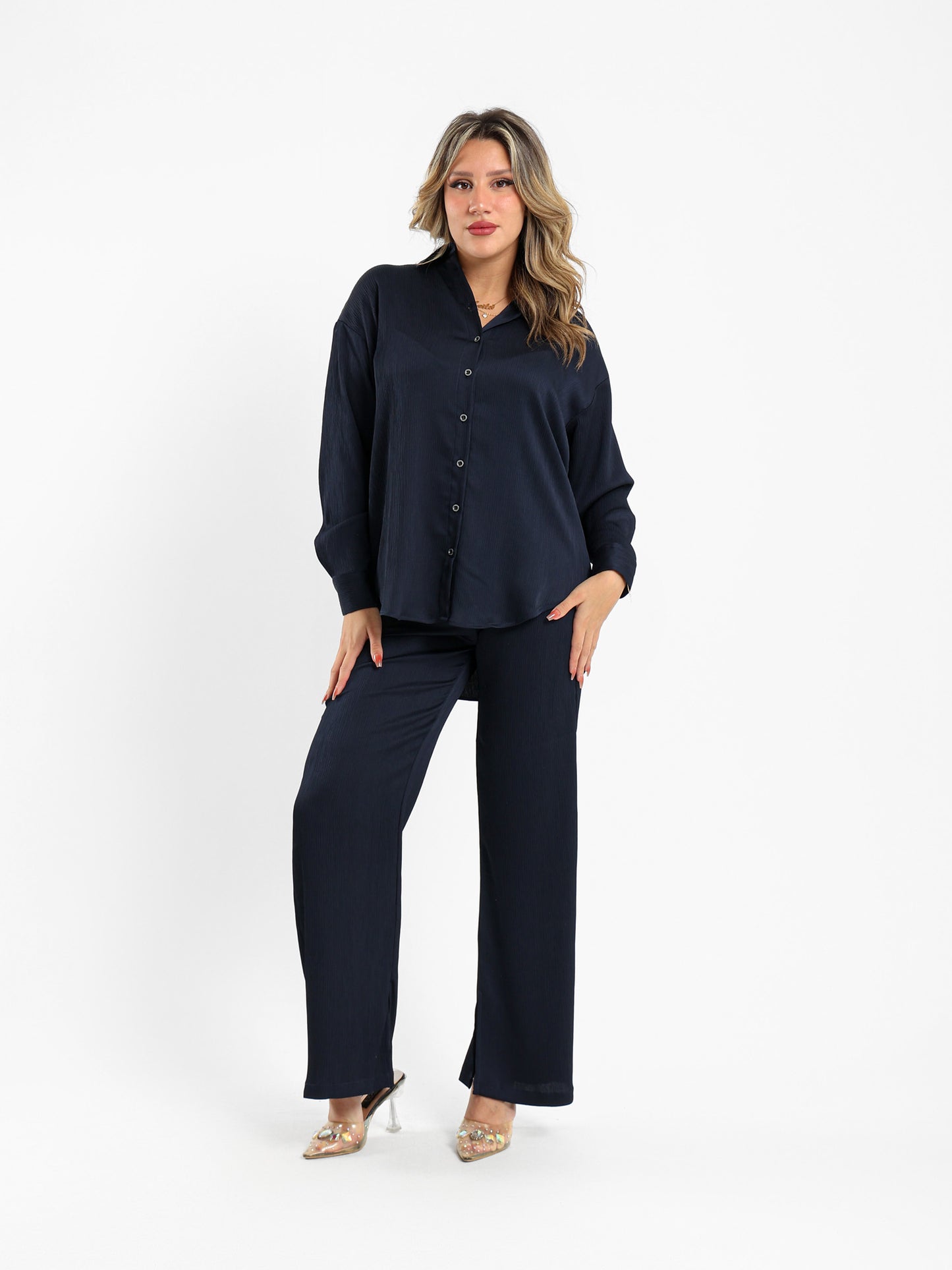 Wrinkled Pants with Slit Hem