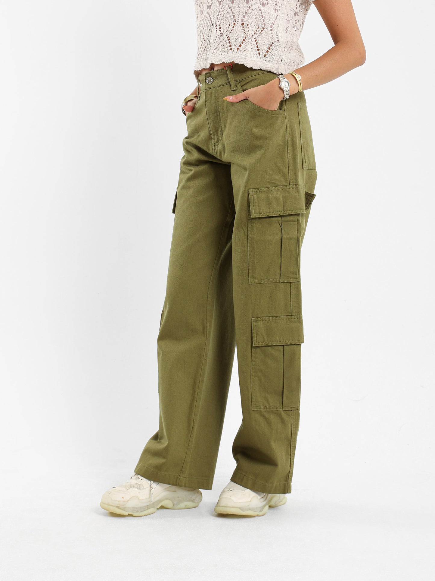 Wide Leg Cargo Gabardine Pants