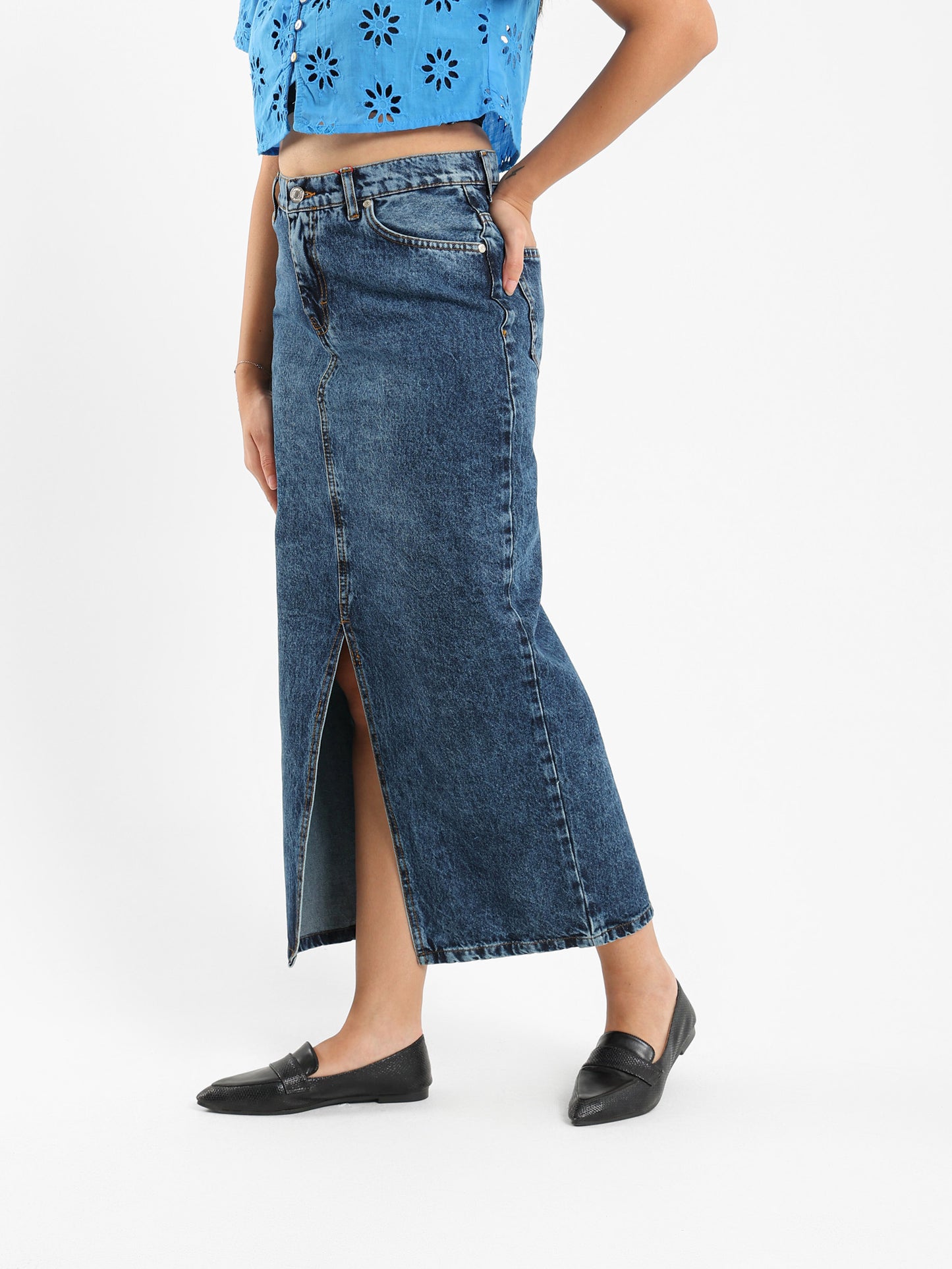 Slit Front Denim Skirt