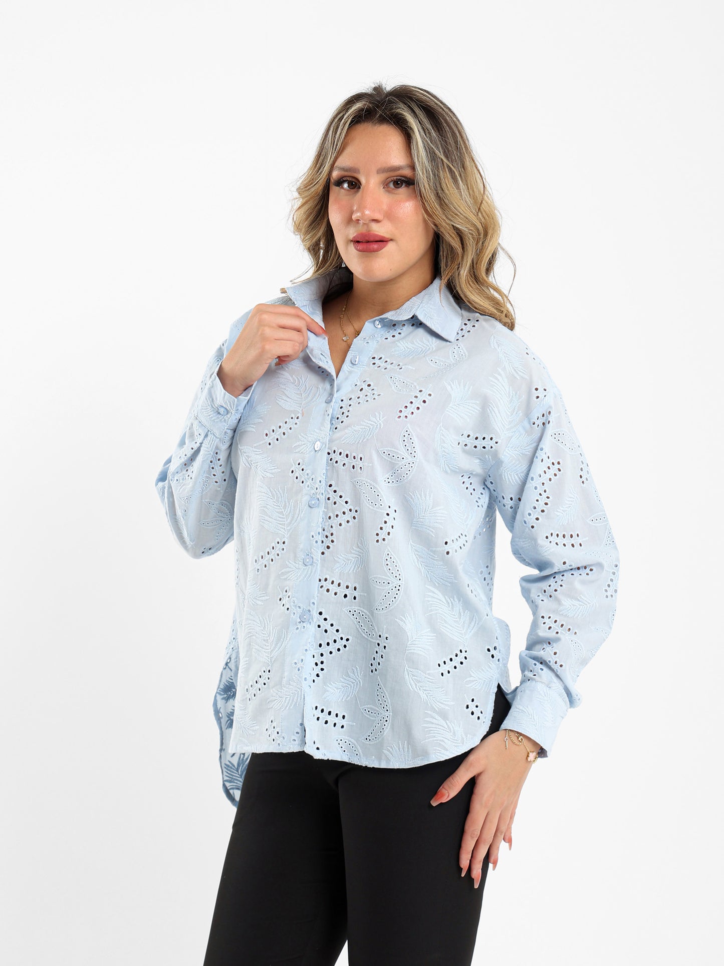 Loose-Fit Blouse with Perforated Embroidery