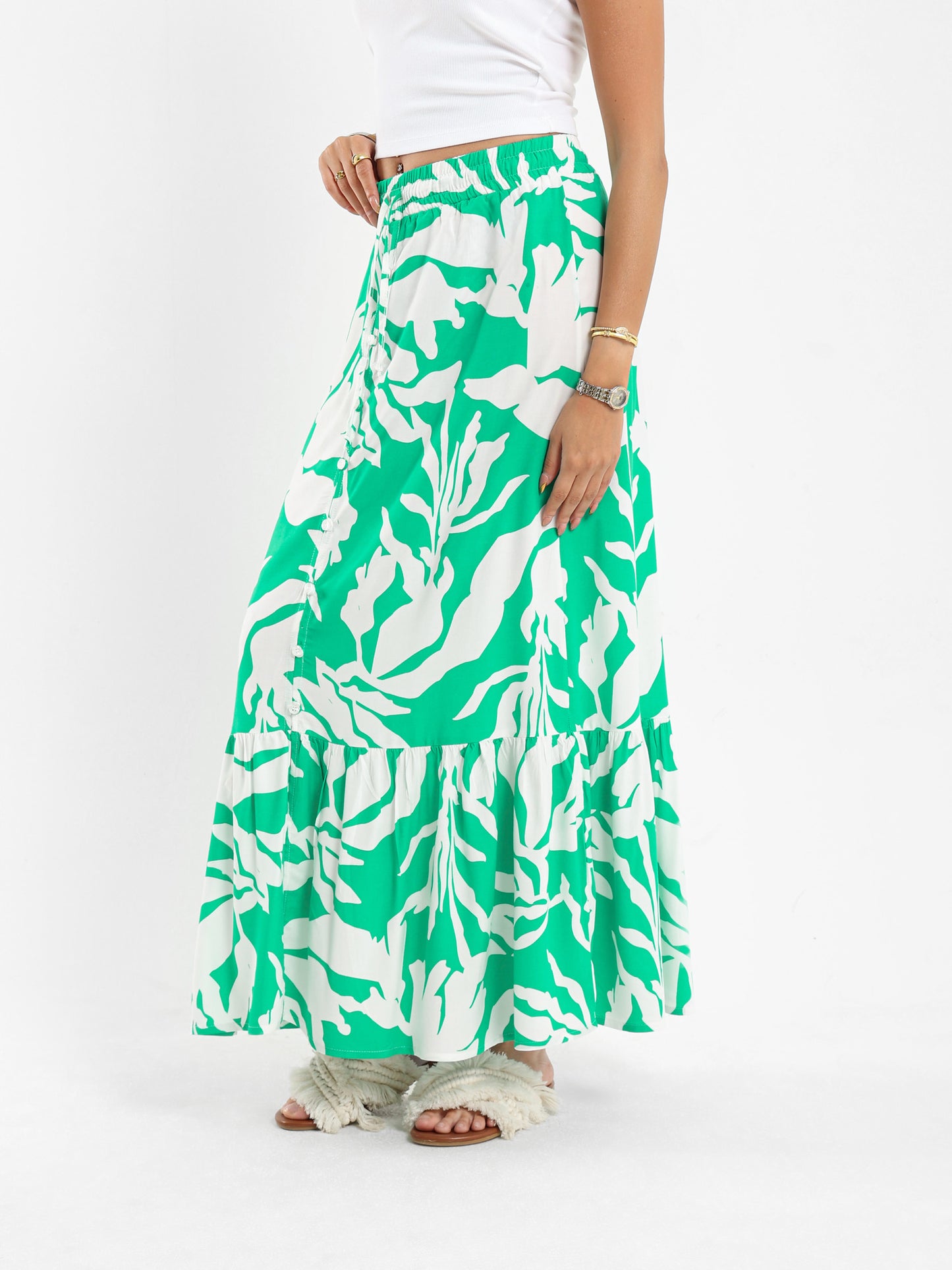 Printed Button-Front Tiered Maxi Skirt