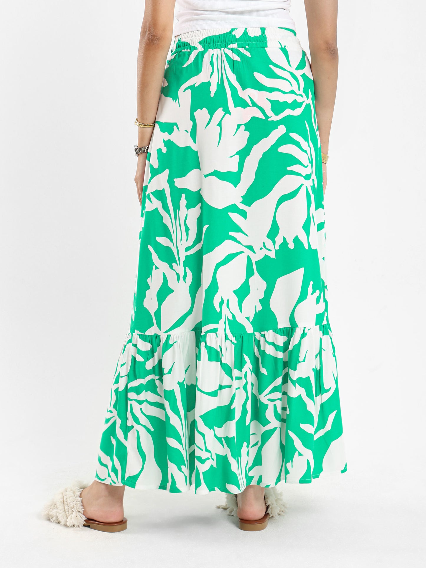 Printed Button-Front Tiered Maxi Skirt