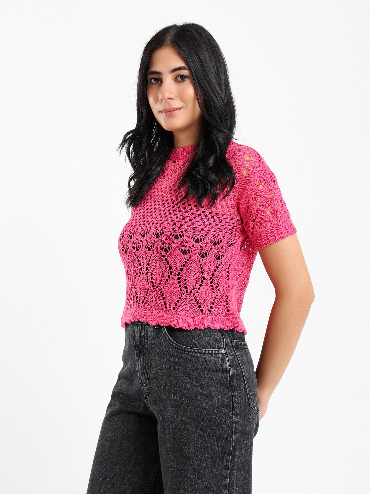 Short Sleeve Crochet Knit Top