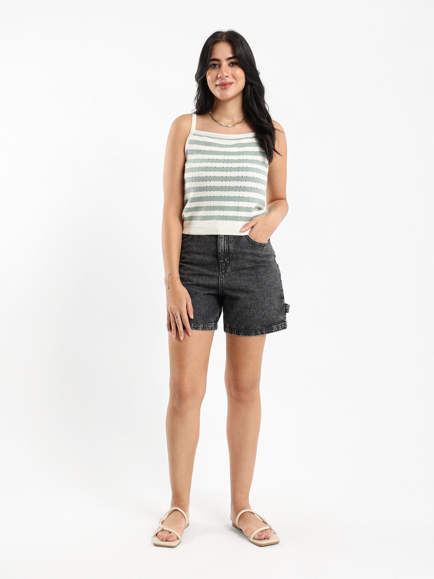 Tricot Sleeveless Striped Top