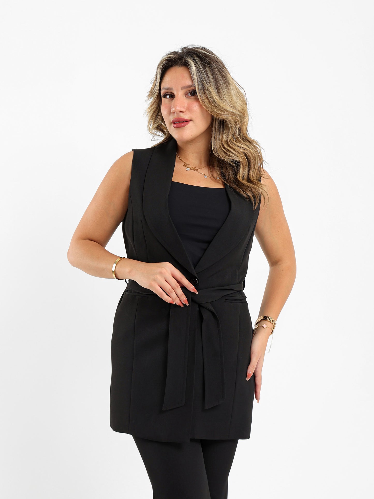 Waist Belt Sleeveless Blazer