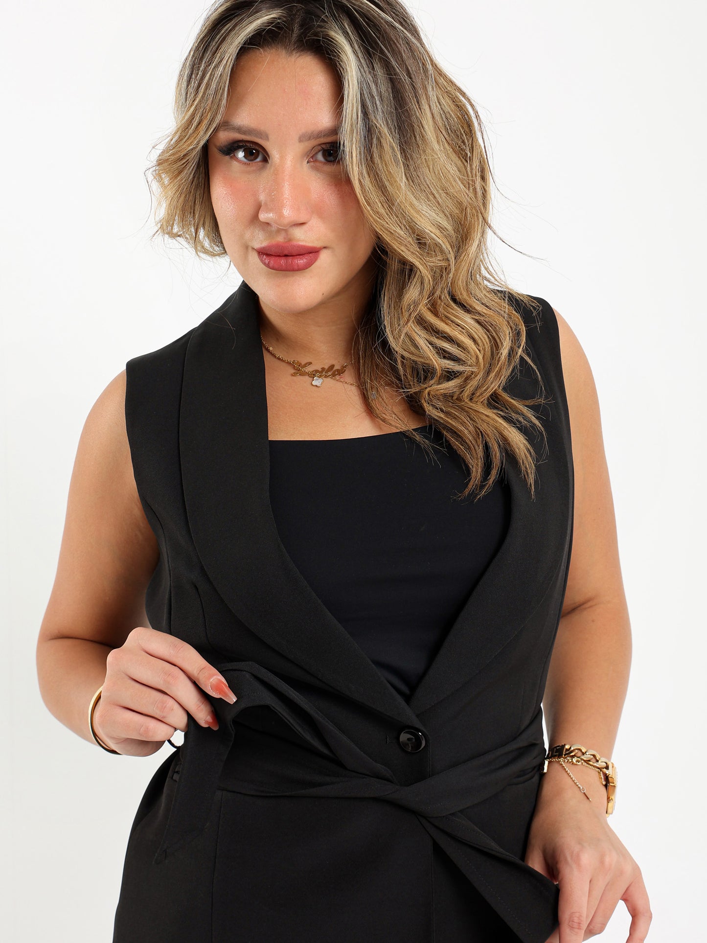Waist Belt Sleeveless Blazer