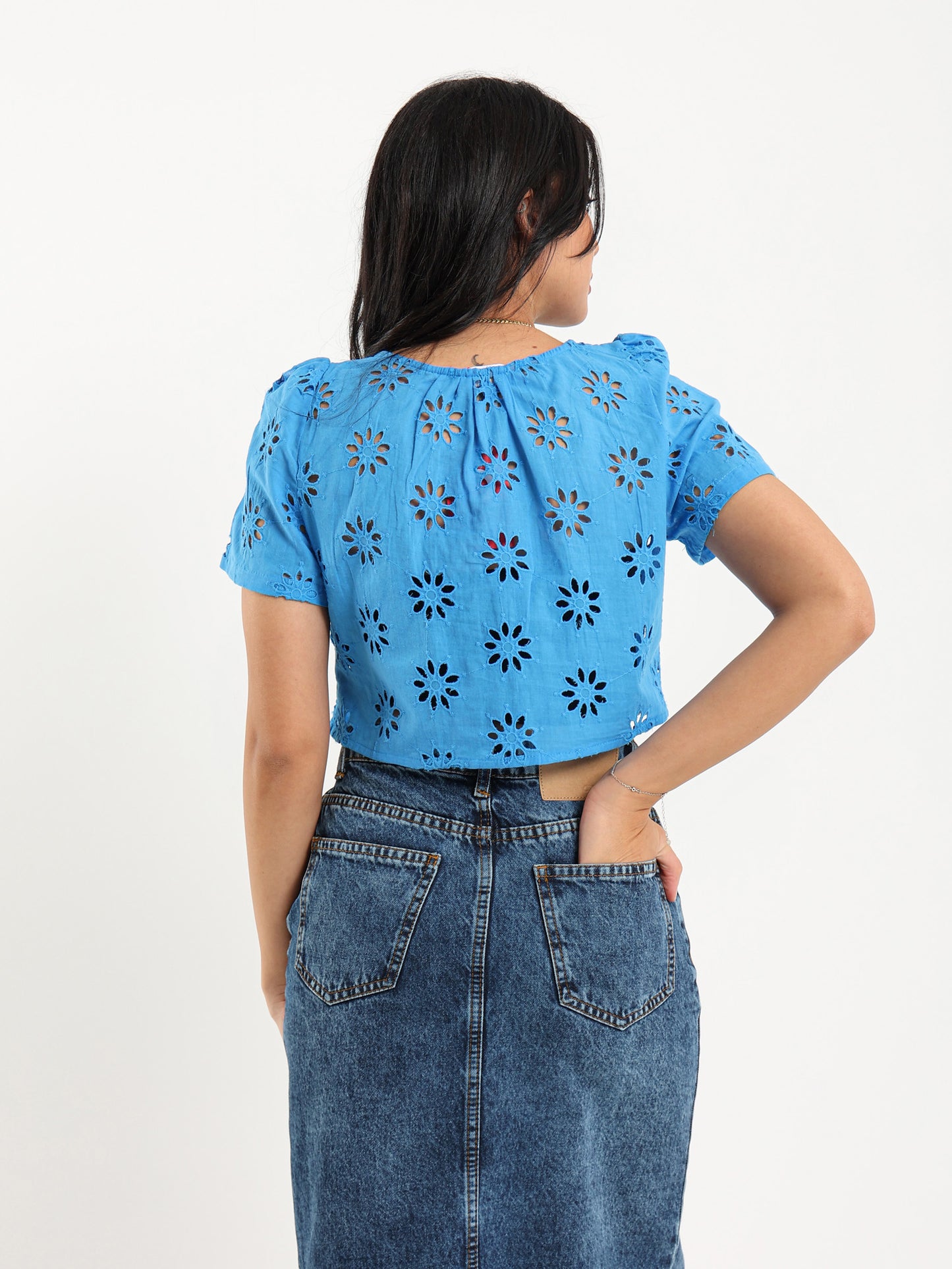 Perforated Embroidery Cropped Blouse
