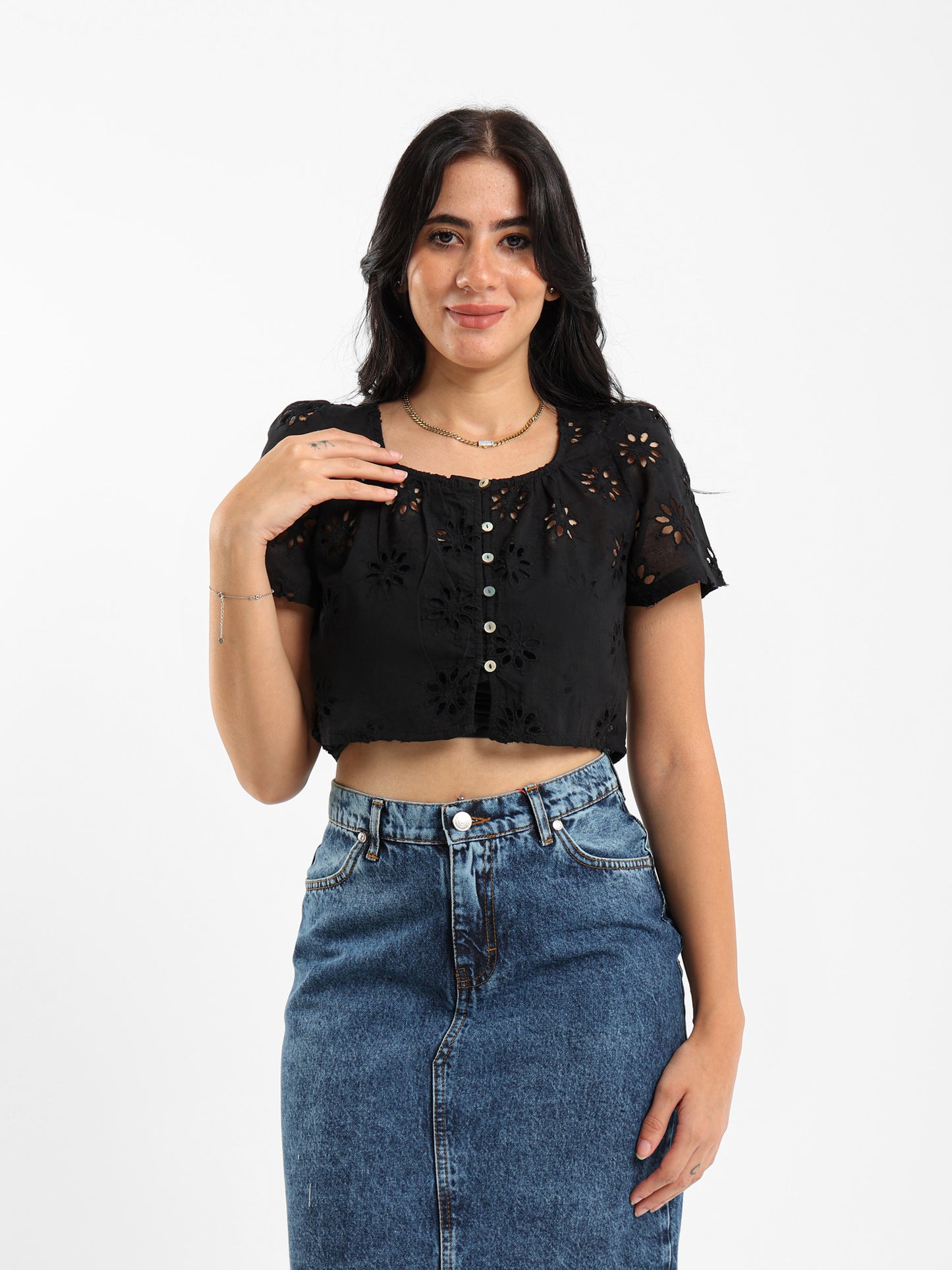 Perforated Embroidery Cropped Blouse