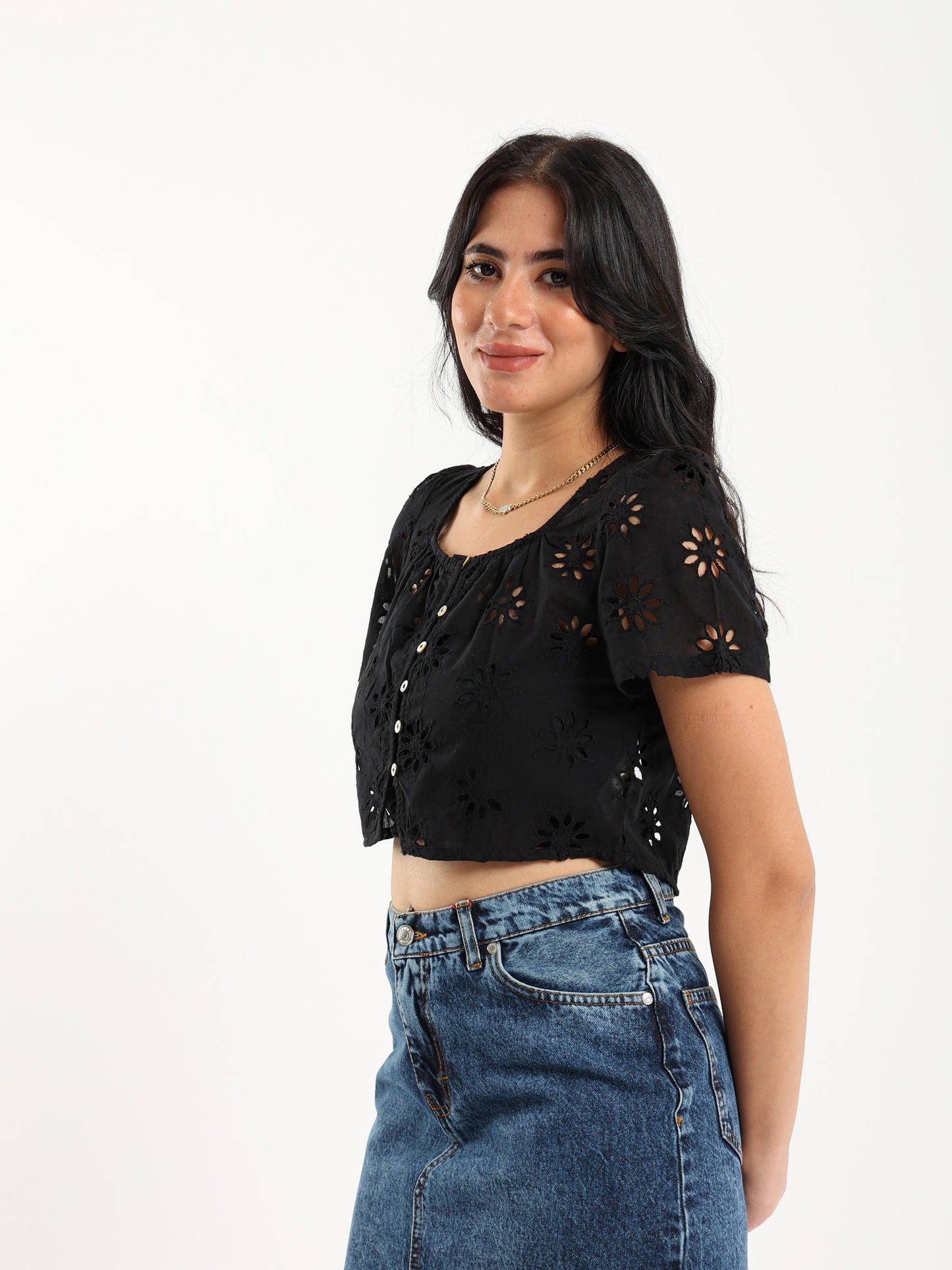 Perforated Embroidery Cropped Blouse