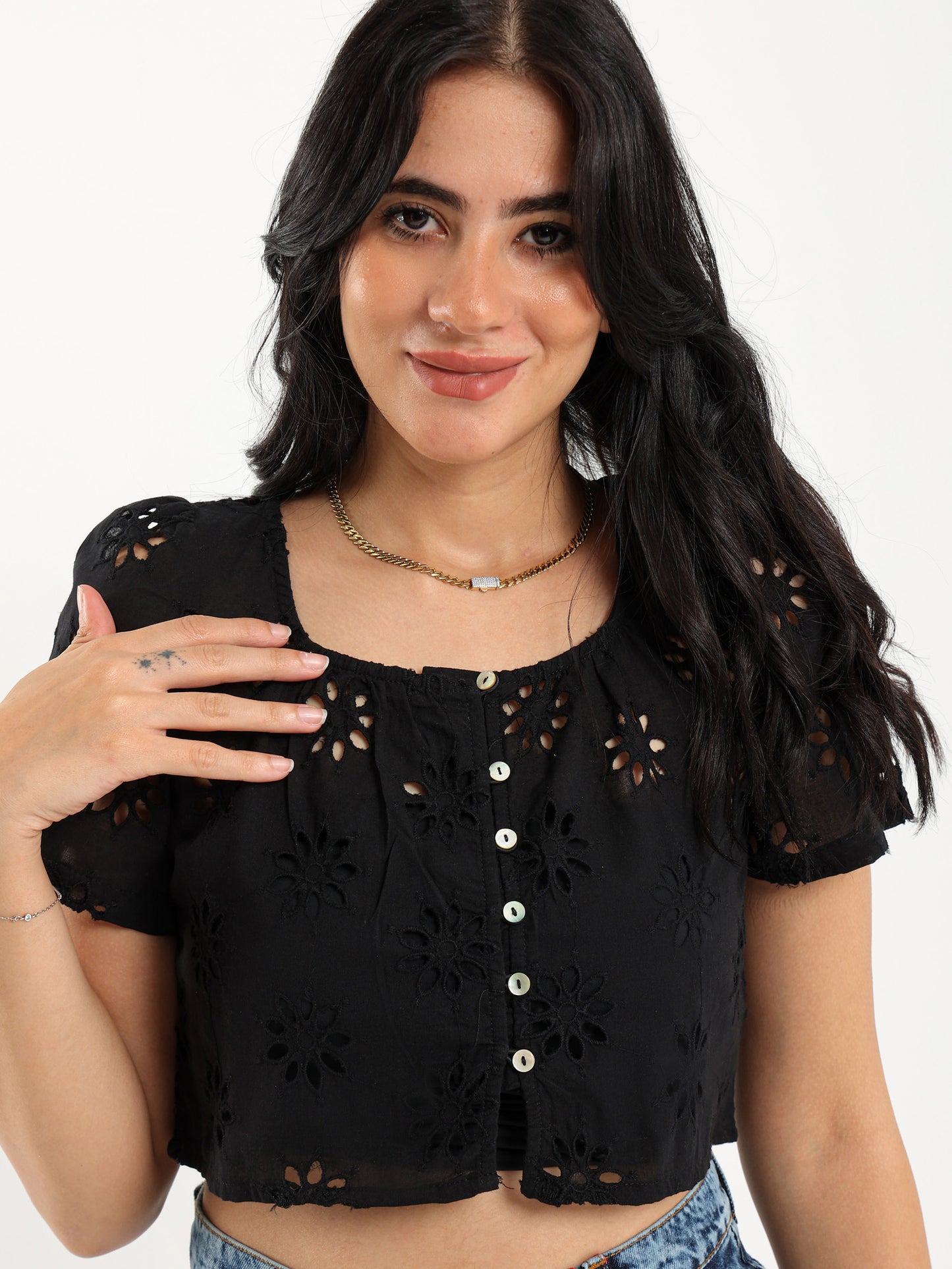 Perforated Embroidery Cropped Blouse