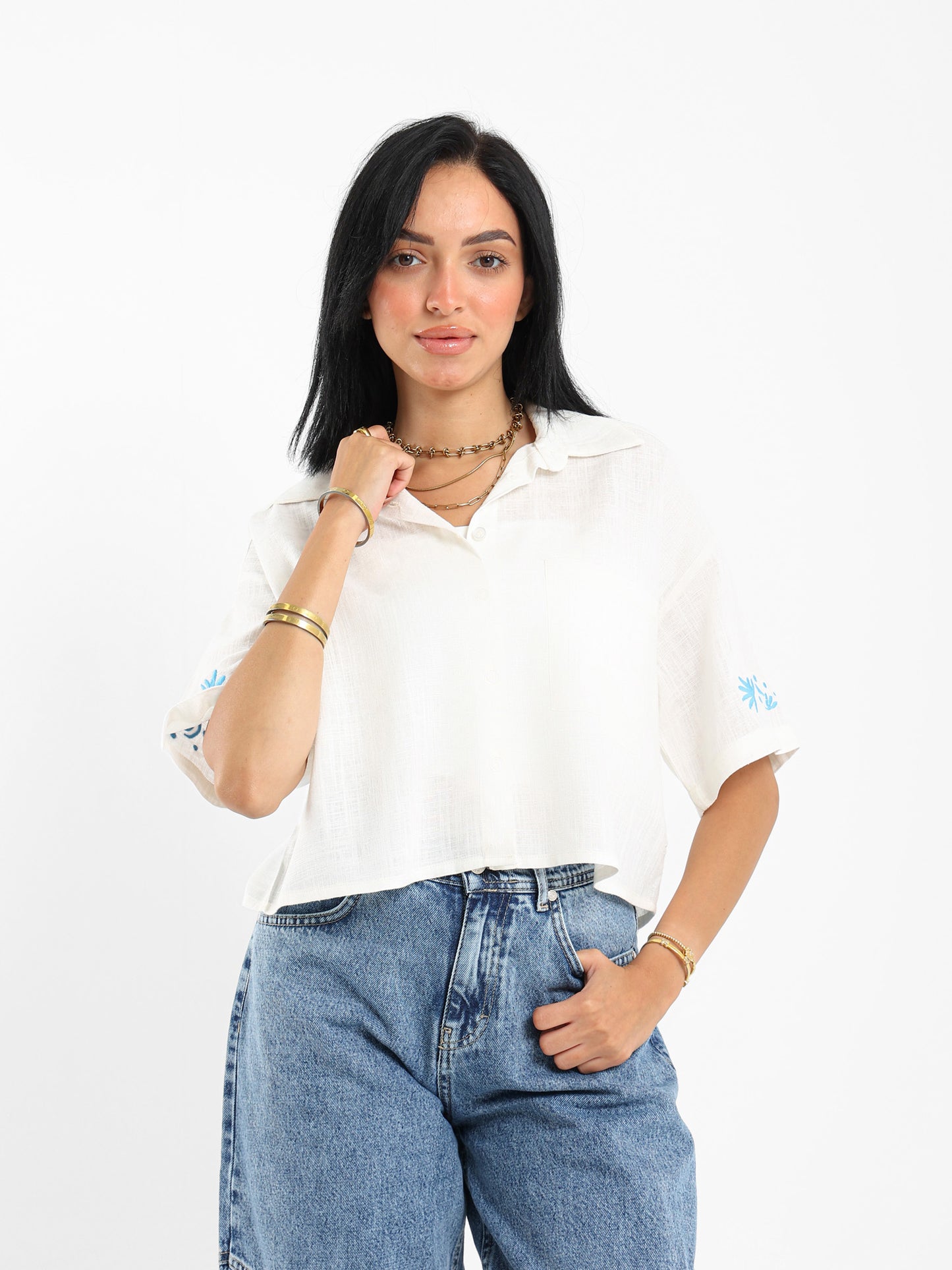 Cropped Shirt with Embroidery
