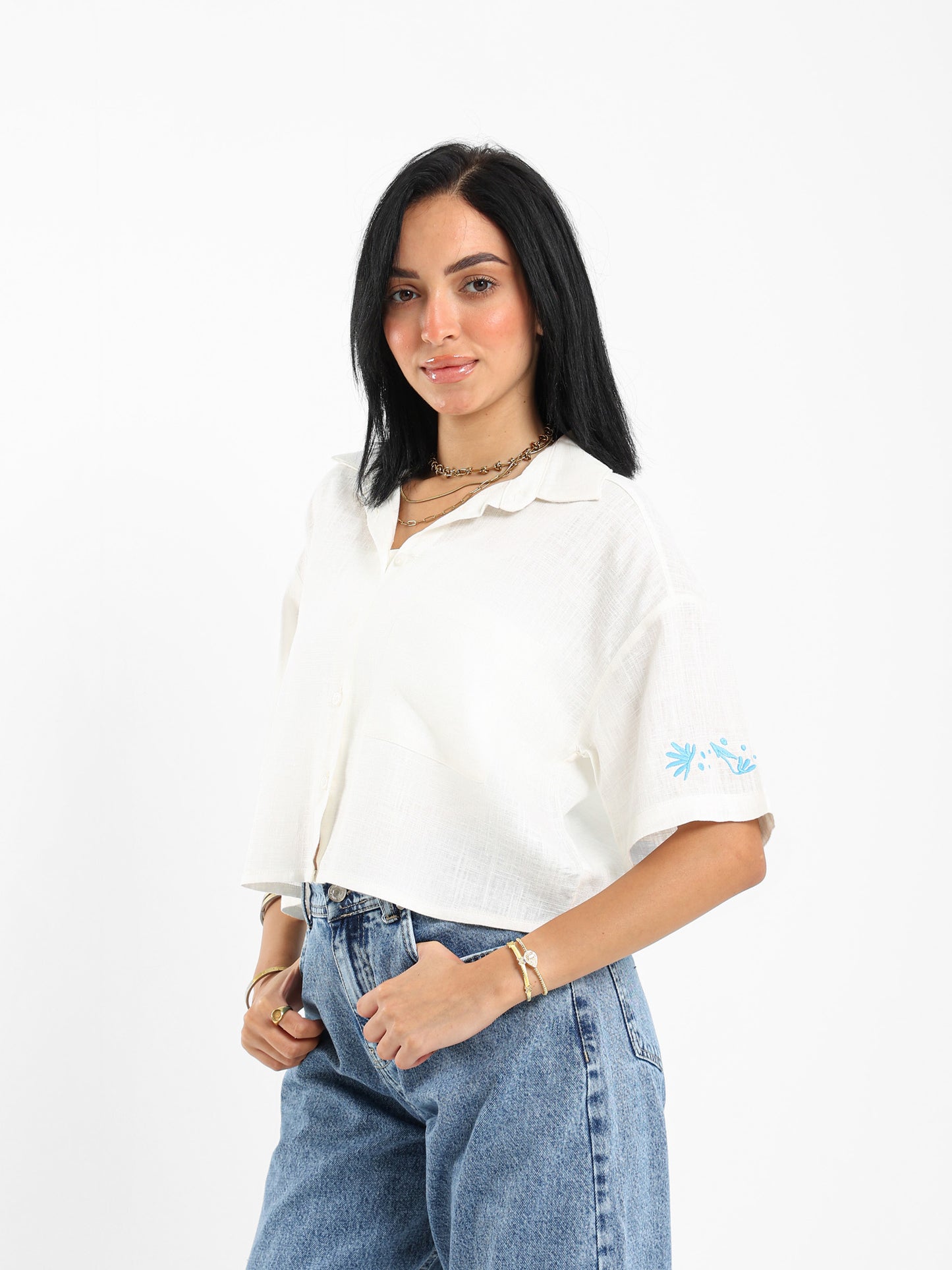 Cropped Shirt with Embroidery