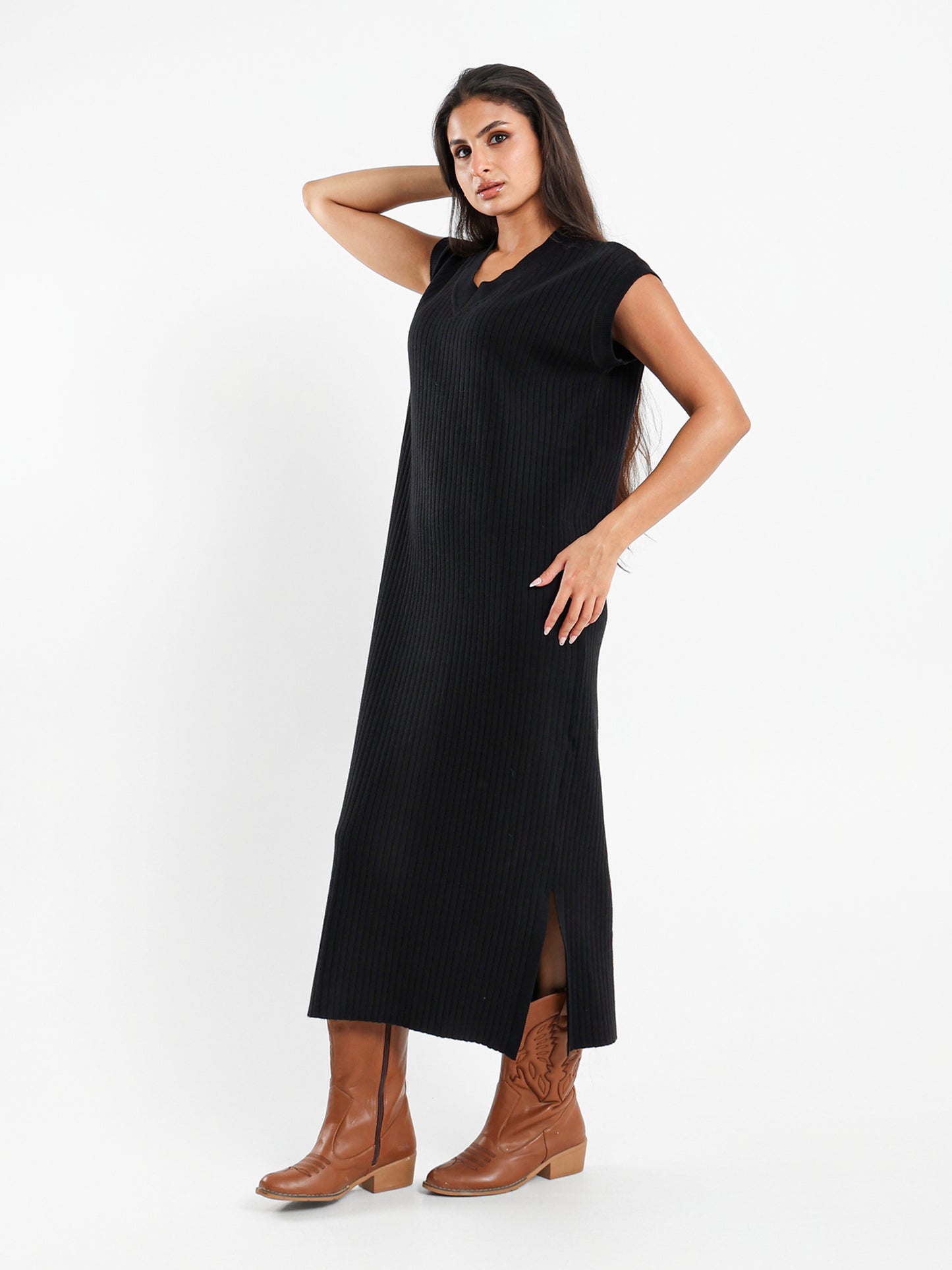 Cap Sleeves Ribbed Dress