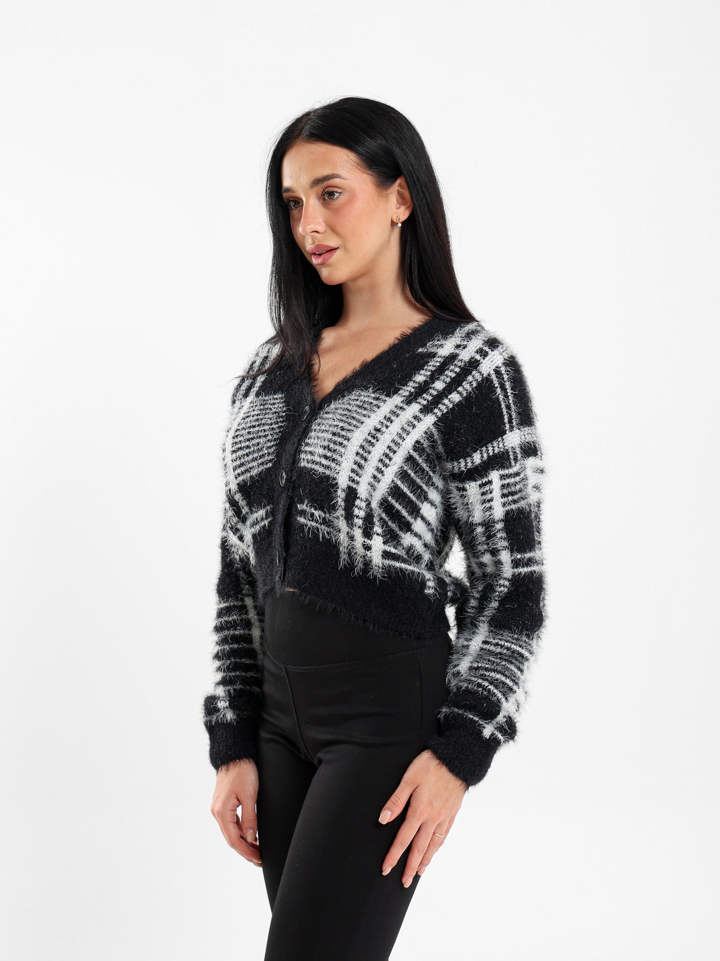 Mohair Checkered Button-Up Cardigan