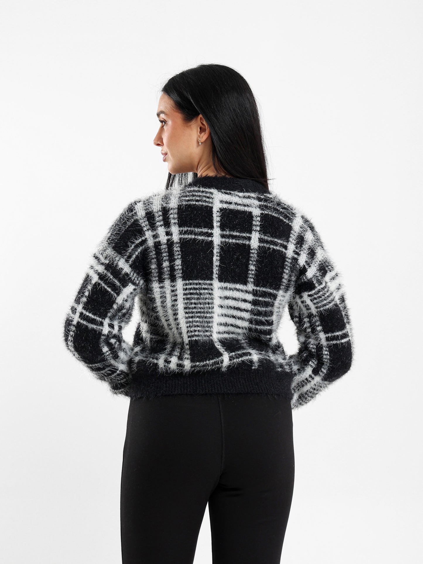 Mohair Checkered Button-Up Cardigan