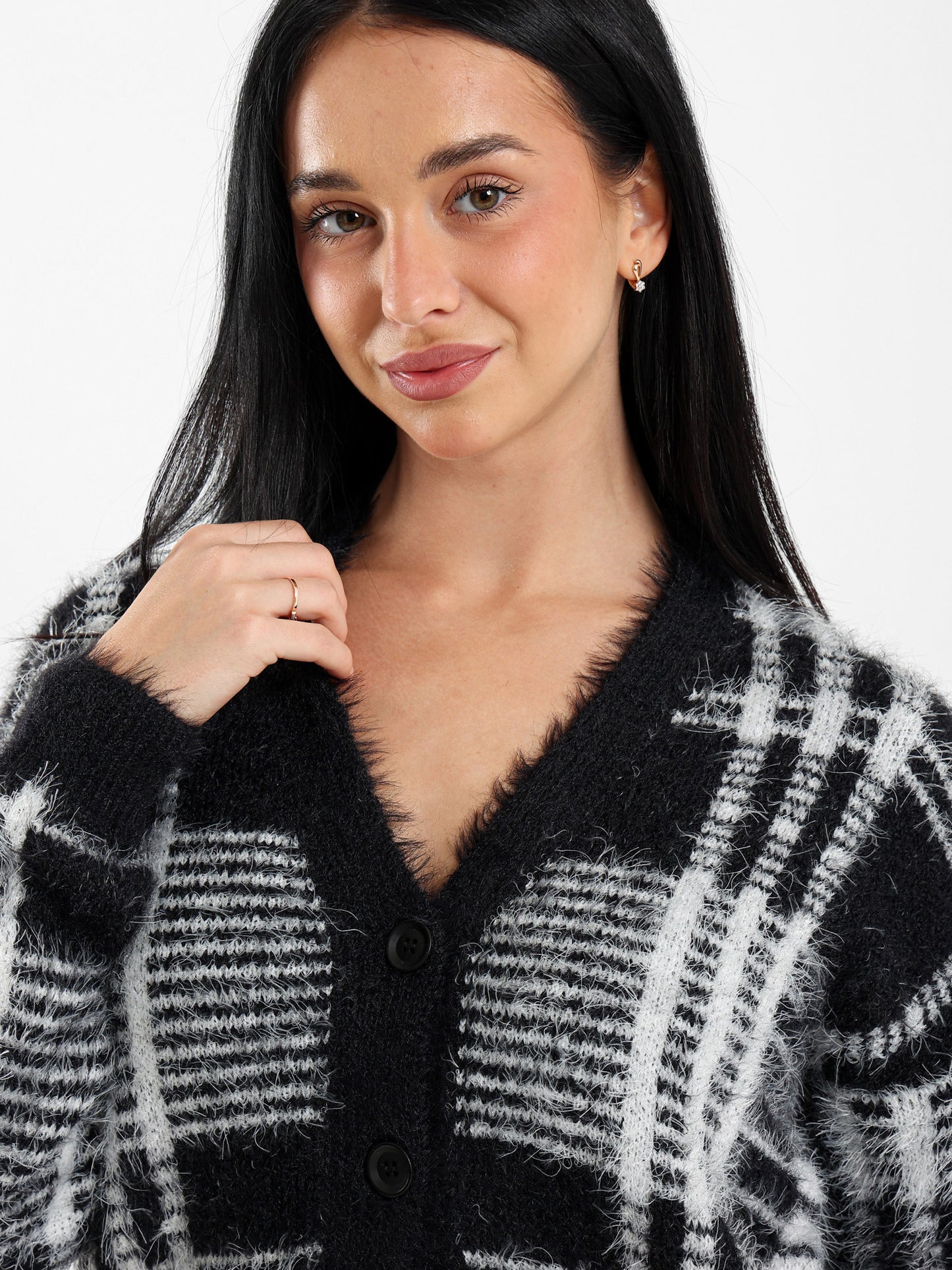 Mohair Checkered Button-Up Cardigan