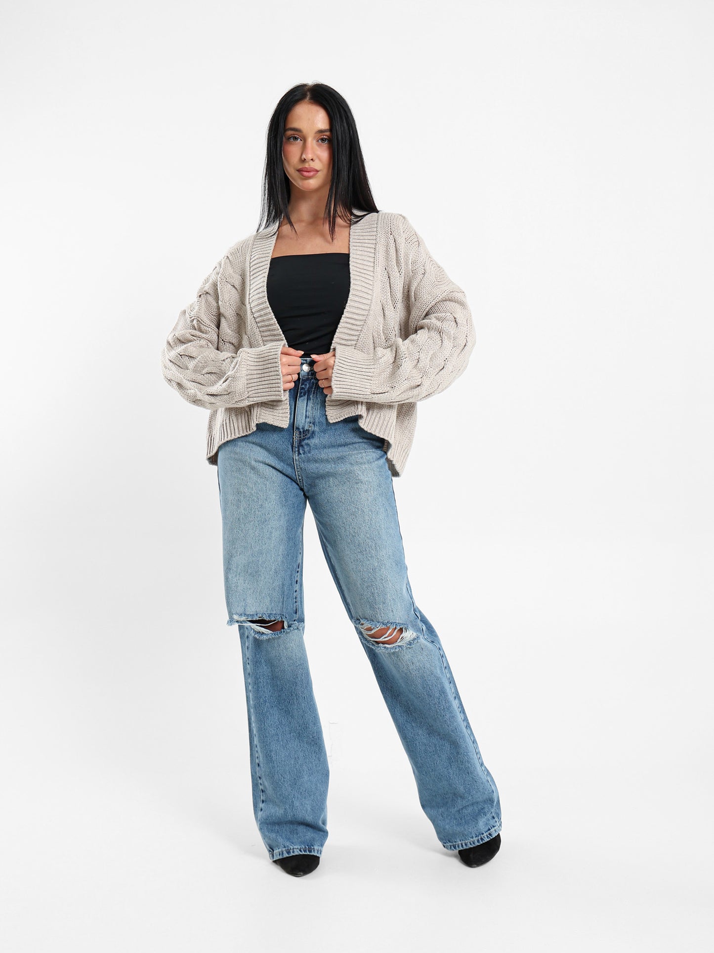 Cable Knit Medium-Length Cardigan