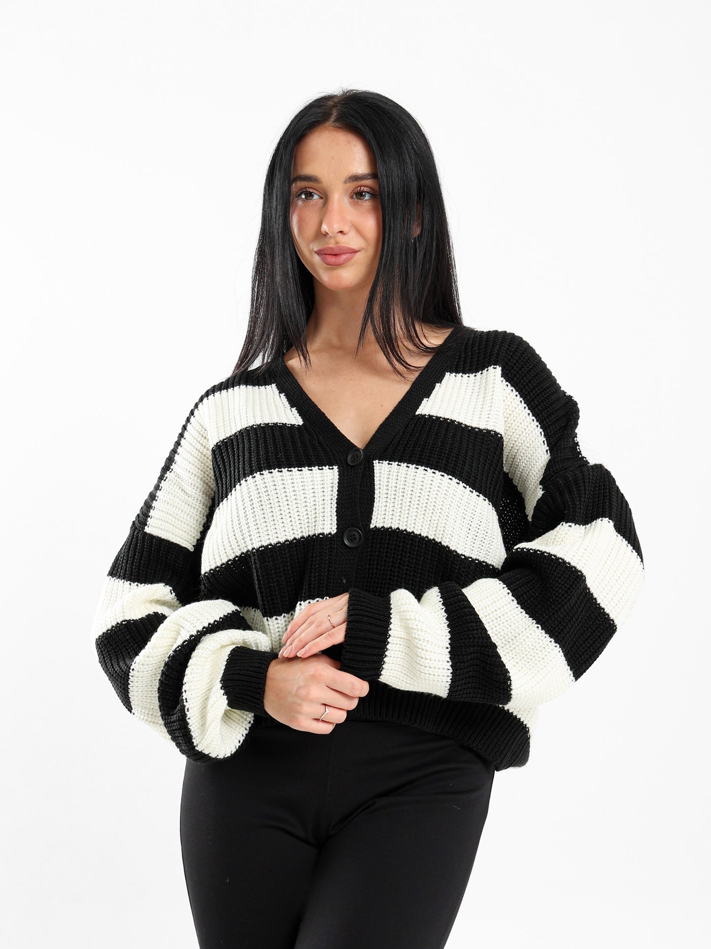 Striped Button-Up Loose-Fit Cardigan
