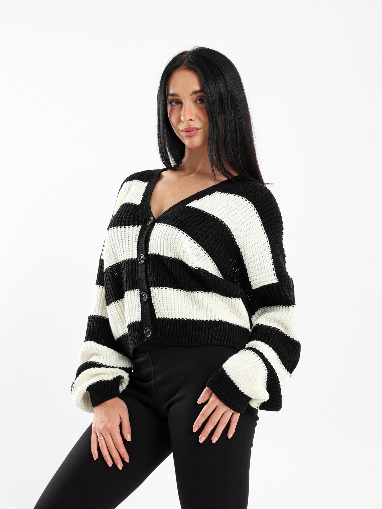 Striped Button-Up Loose-Fit Cardigan