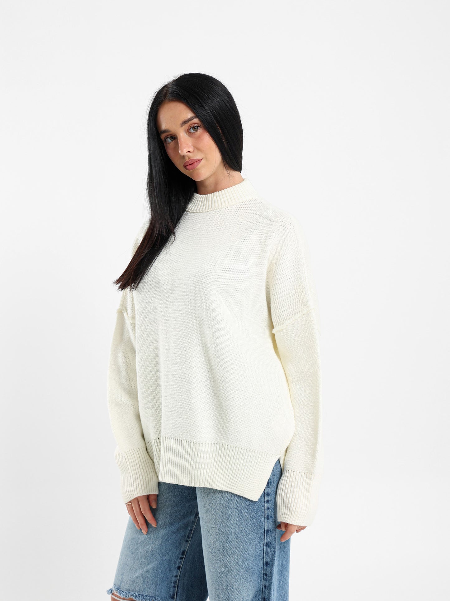 Oversized Crew Neck Pullover with Visible Seams