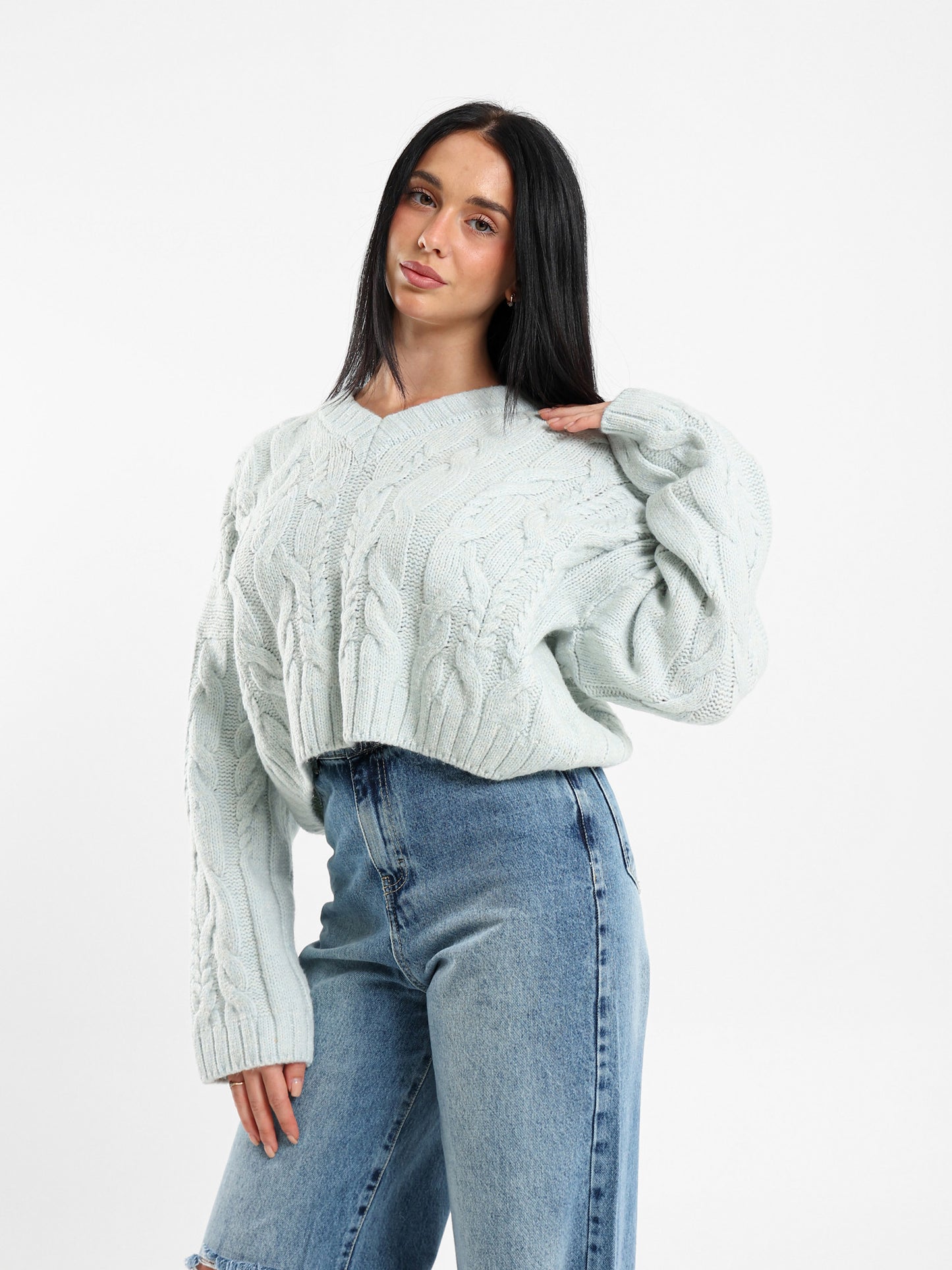 Cropped V-Neck Cable Knit Pullover