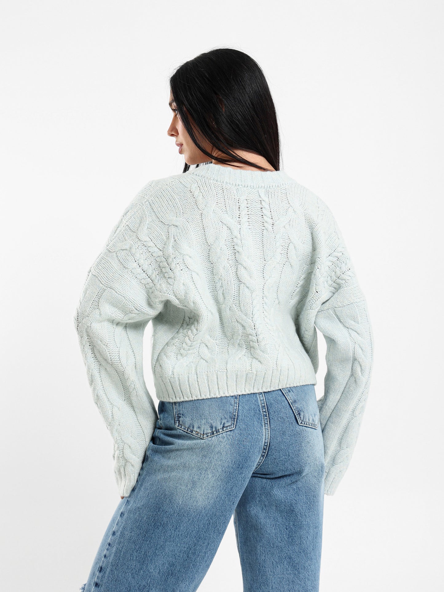 Cropped V-Neck Cable Knit Pullover