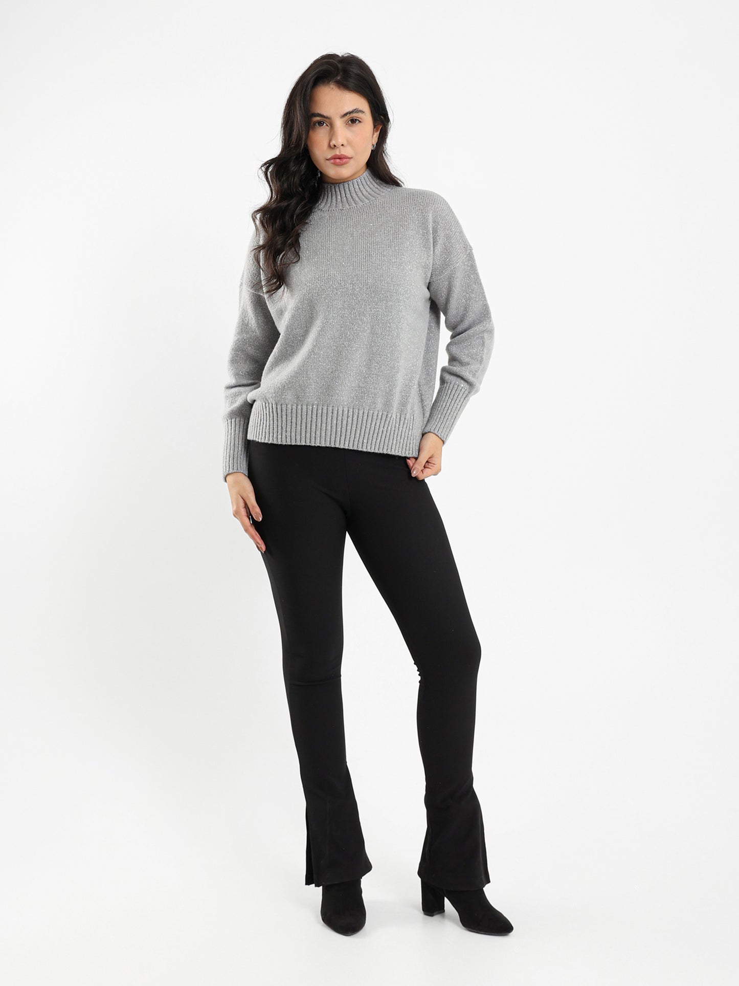 High Neck Shiny Knit Pullover