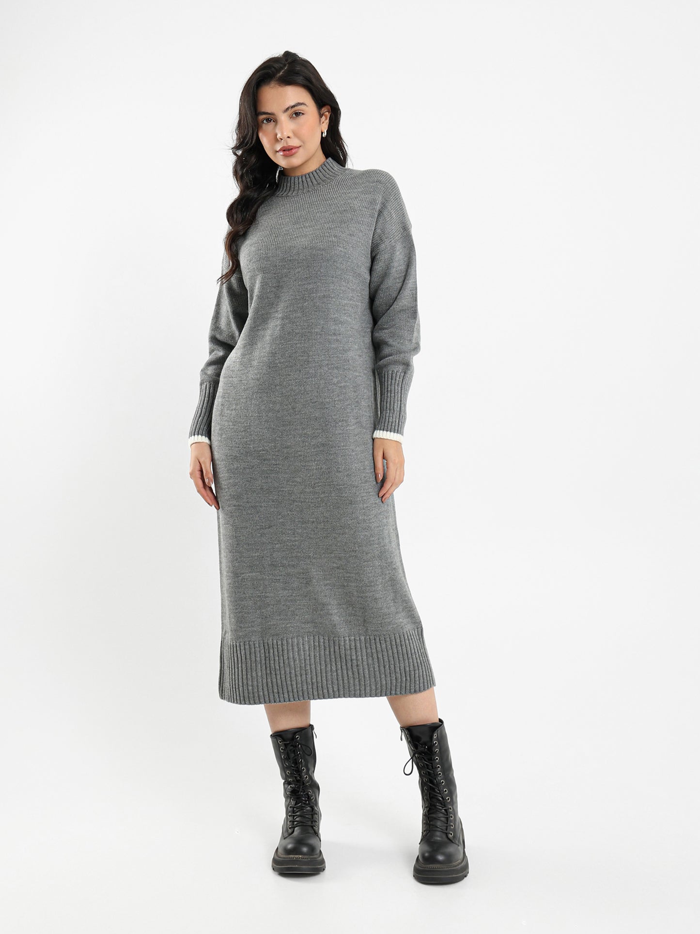 High Neck Midi Dress with Tone-to-Tone Cuffs