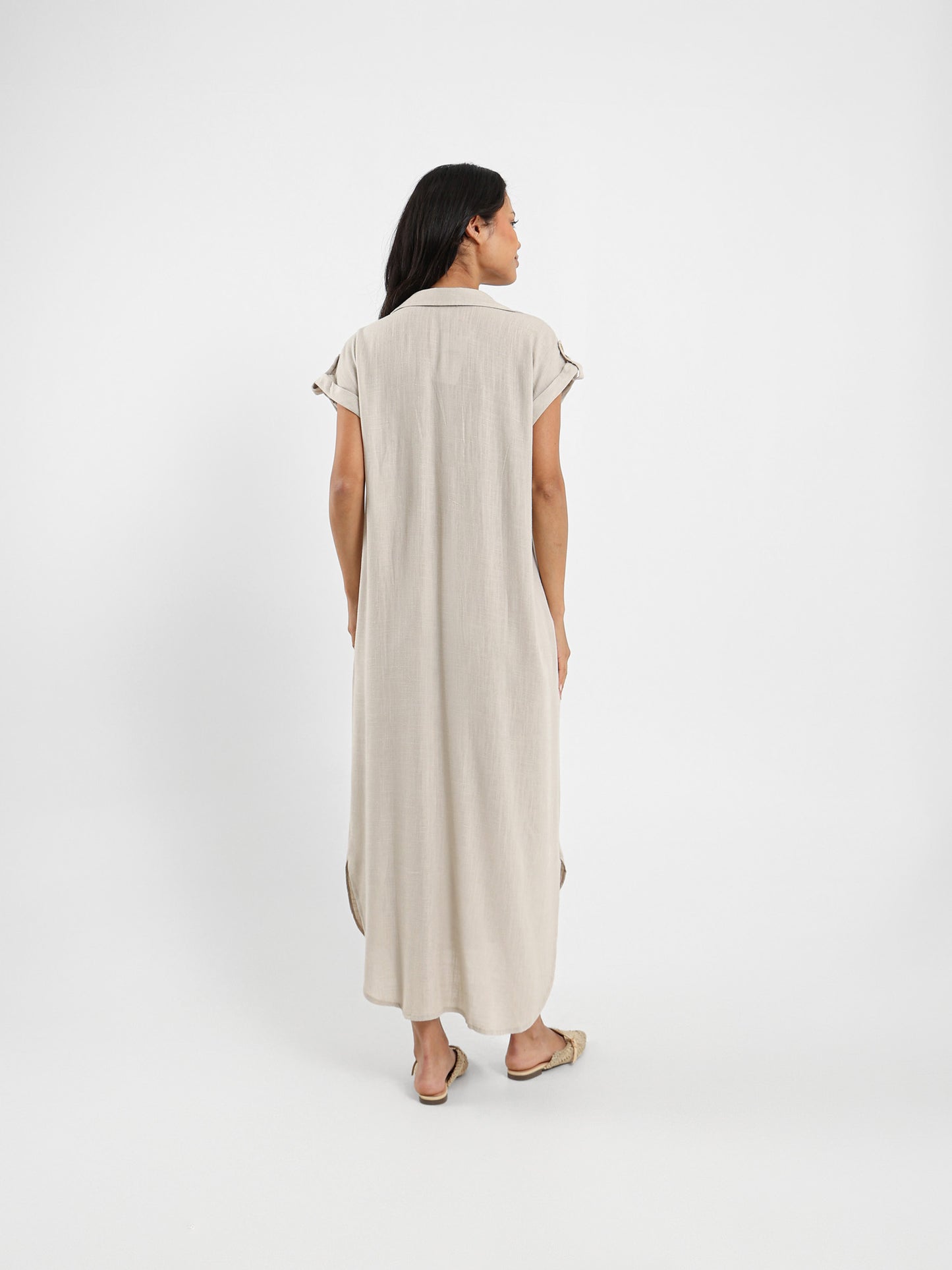 Short Sleeve V-Neck Midi Linen Dress
