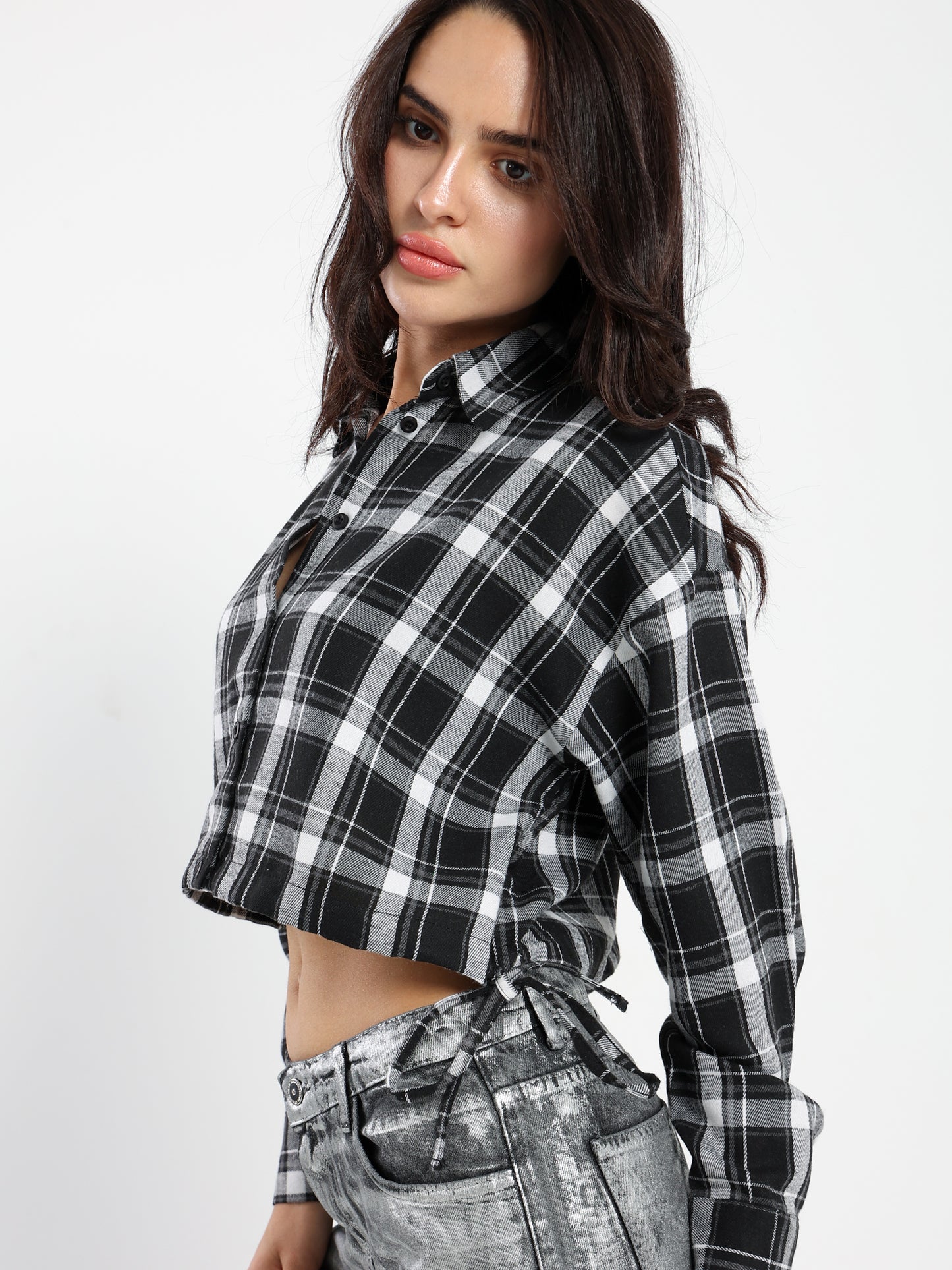 Casual Cropped Checkered Shirt - Outlet