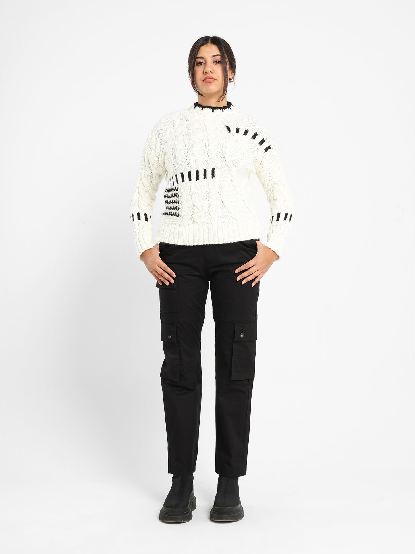 Mixed Knit Sweater with Contrast Trim - Outlet