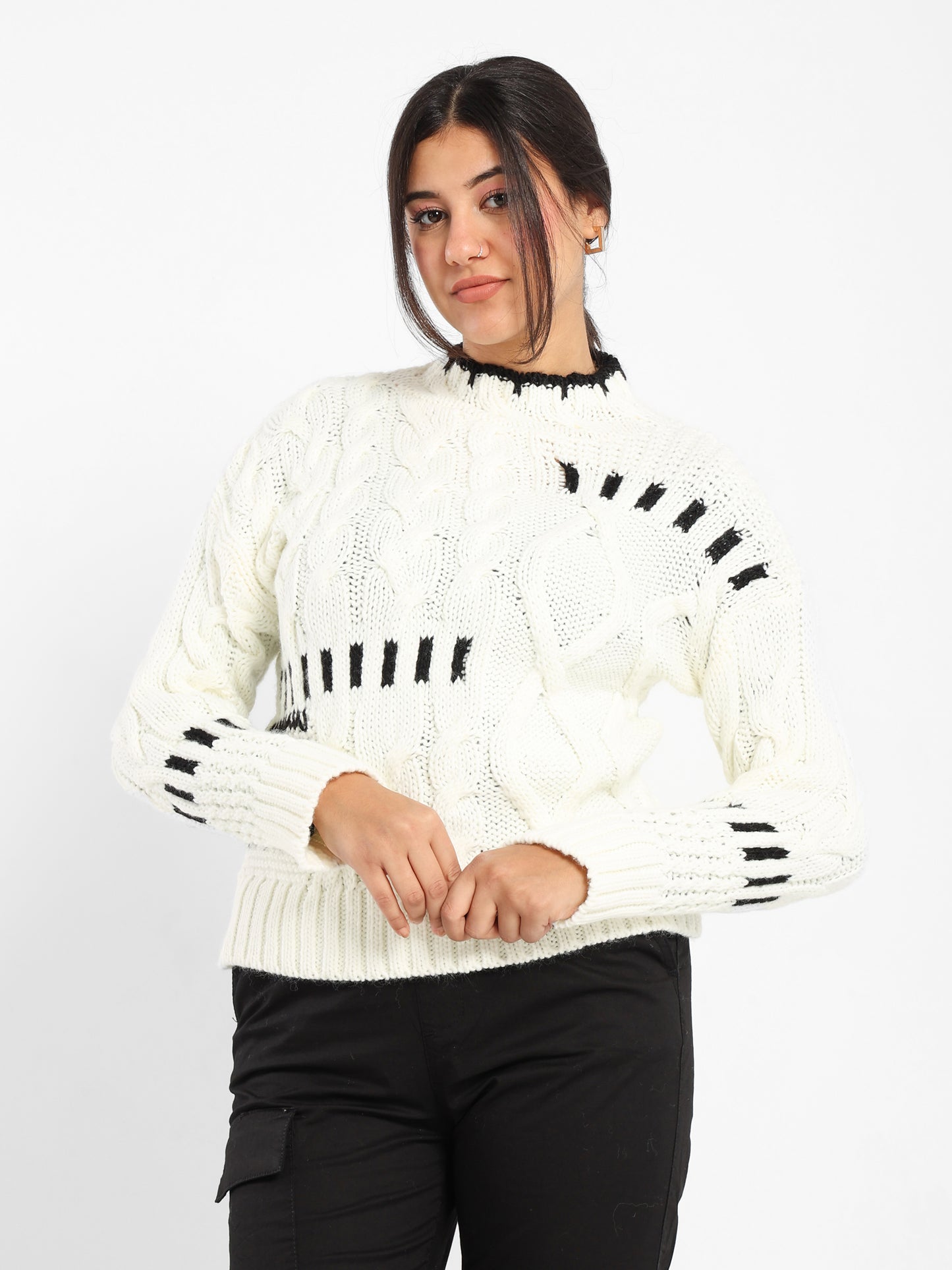 Mixed Knit Sweater with Contrast Trim - Outlet