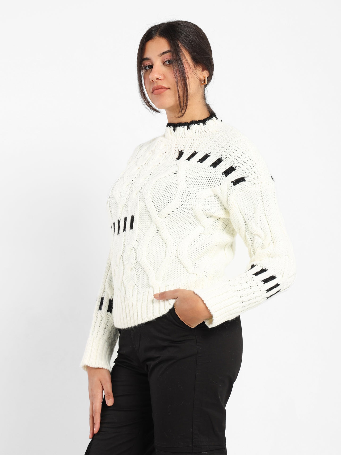 Mixed Knit Sweater with Contrast Trim - Outlet