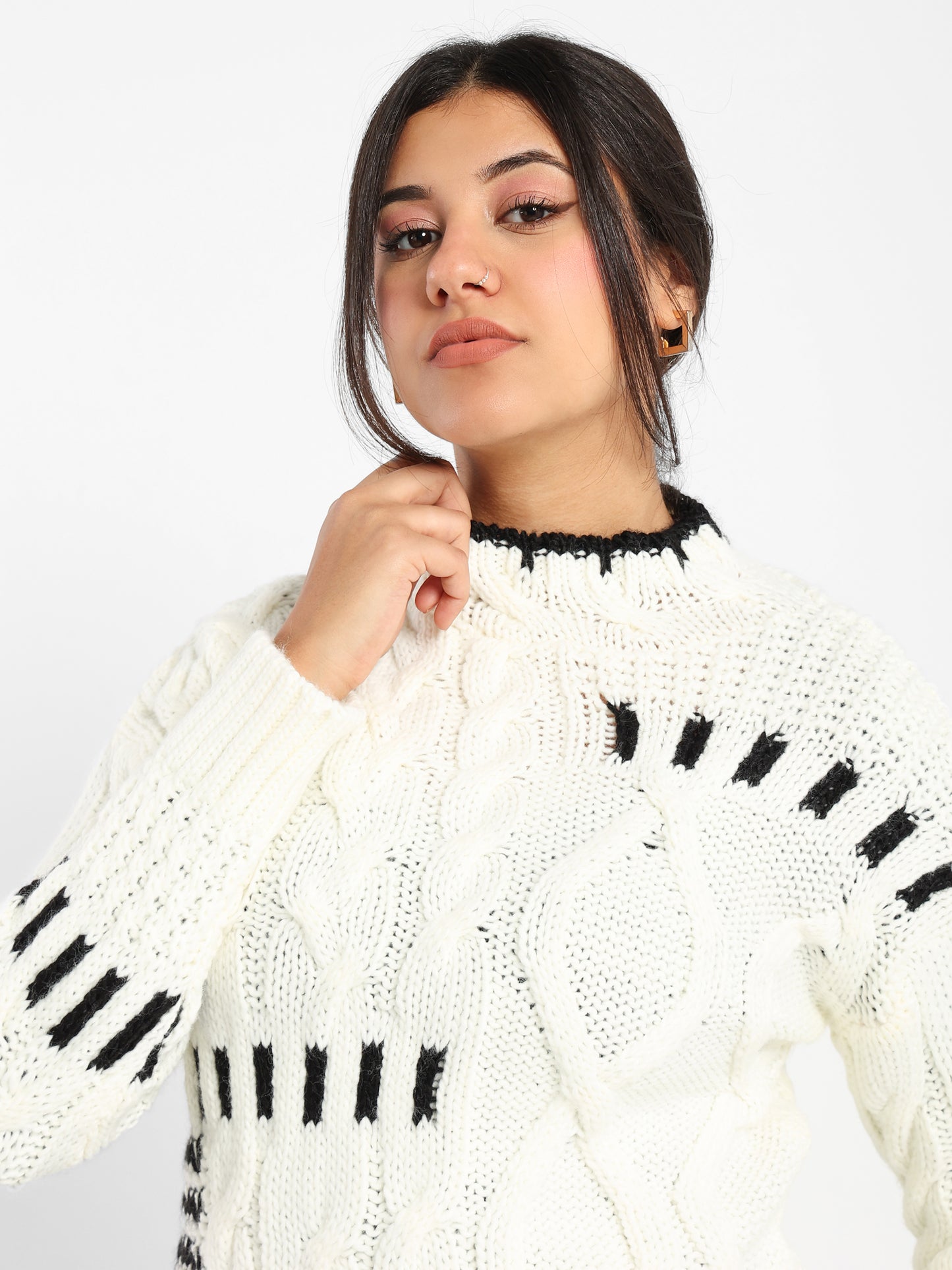 Mixed Knit Sweater with Contrast Trim - Outlet