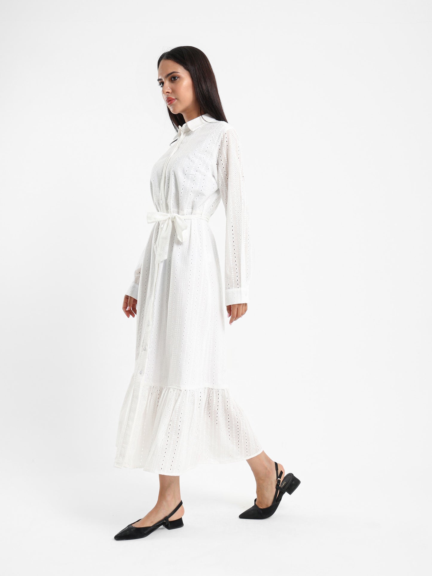 Button-Front Midi Broderie Dress