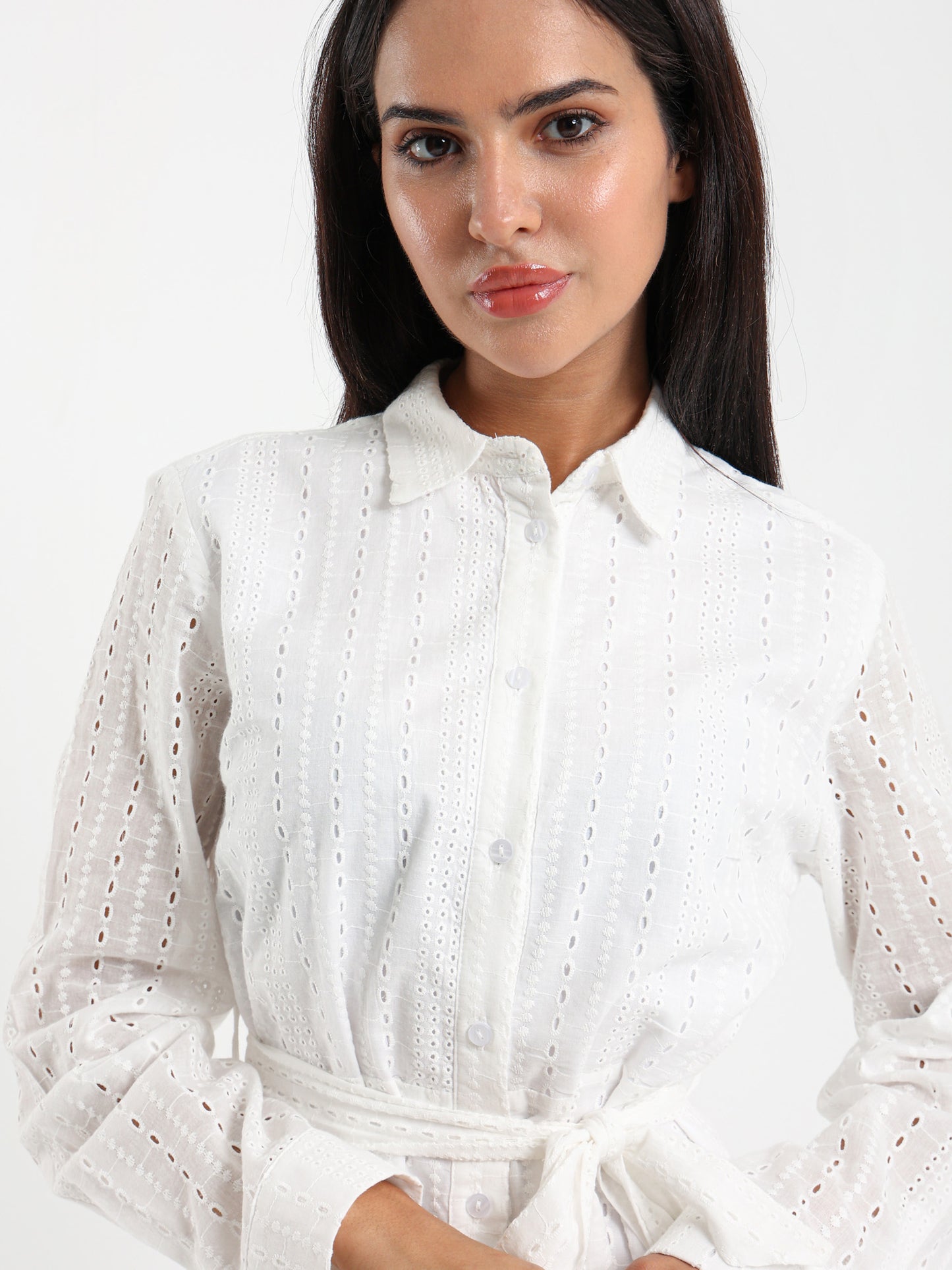 Button-Front Midi Broderie Dress