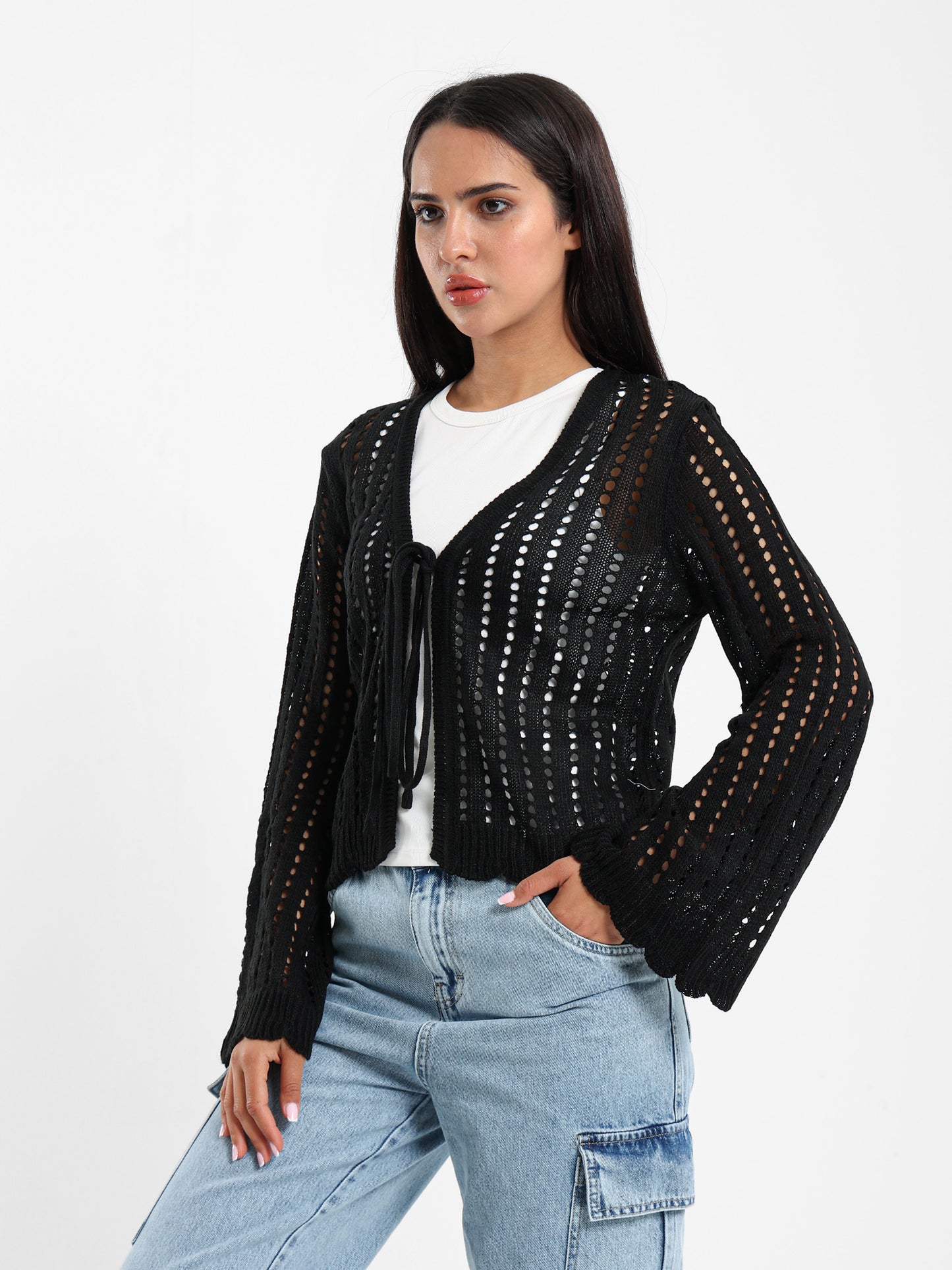 Cropped Openwork Tie-Front Cardigan