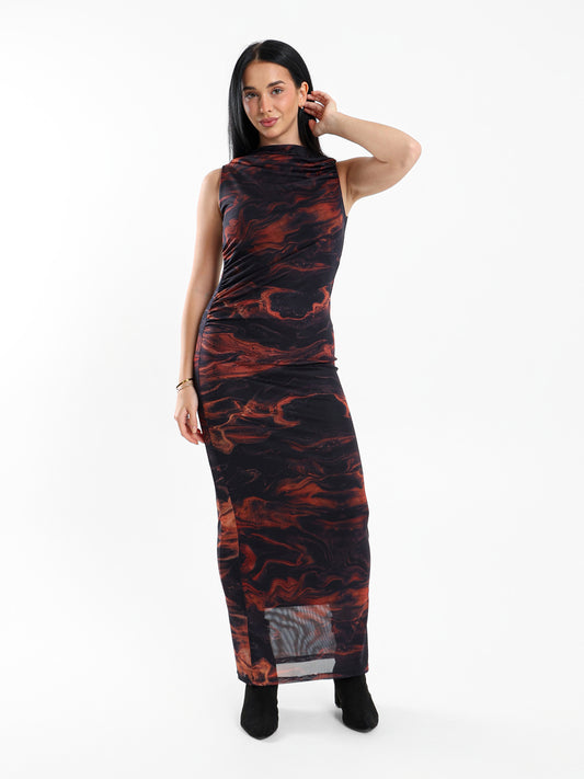 Draped Sleeveless Long Printed Mesh Dress