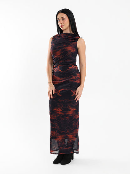 Draped Sleeveless Long Printed Mesh Dress