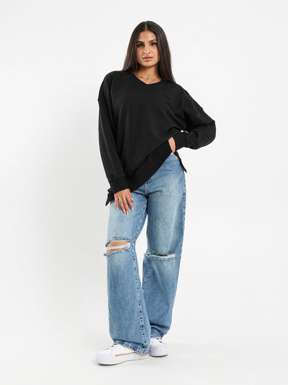 V-Neck Slit Sweatshirt