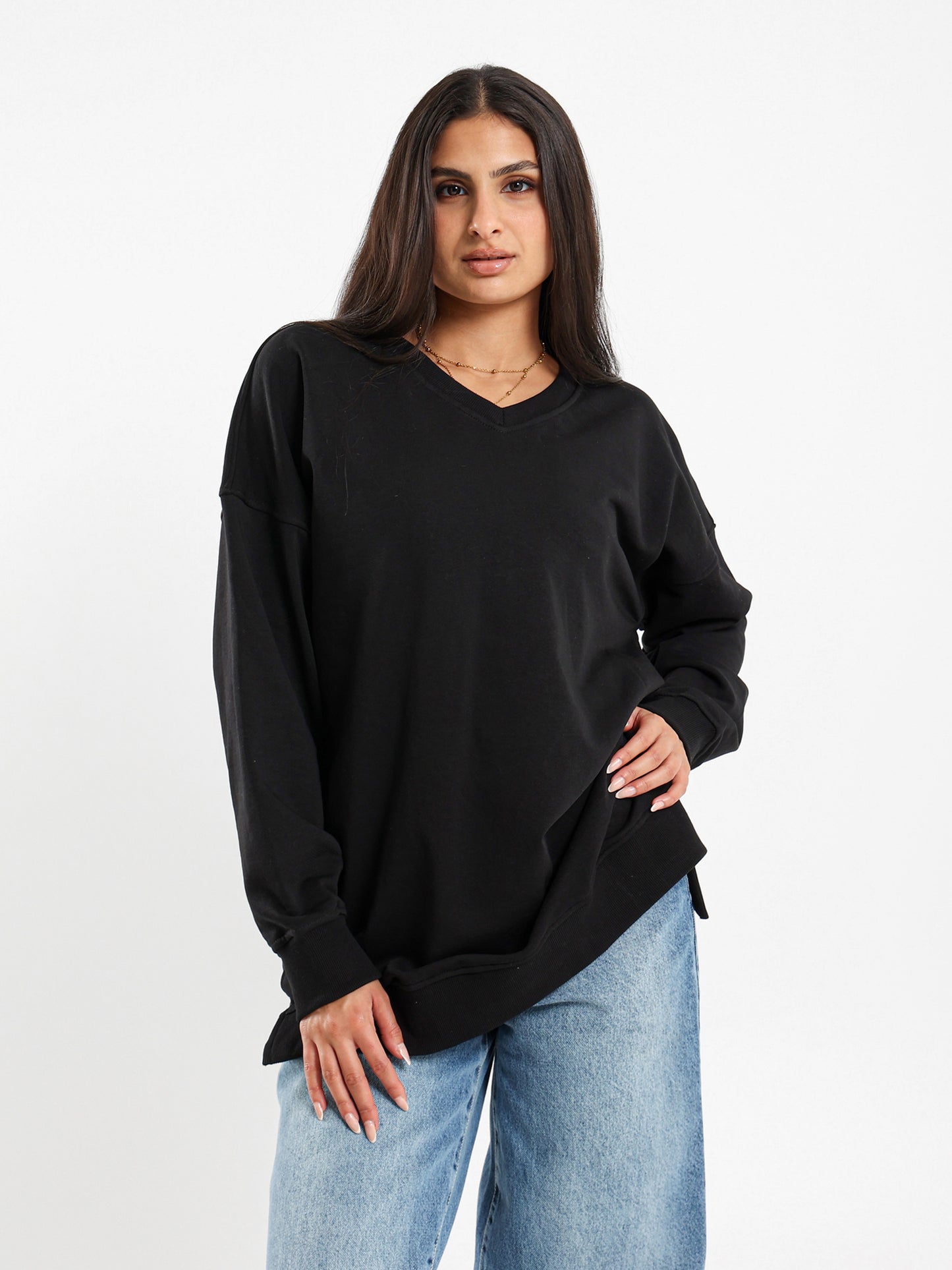 V-Neck Slit Sweatshirt