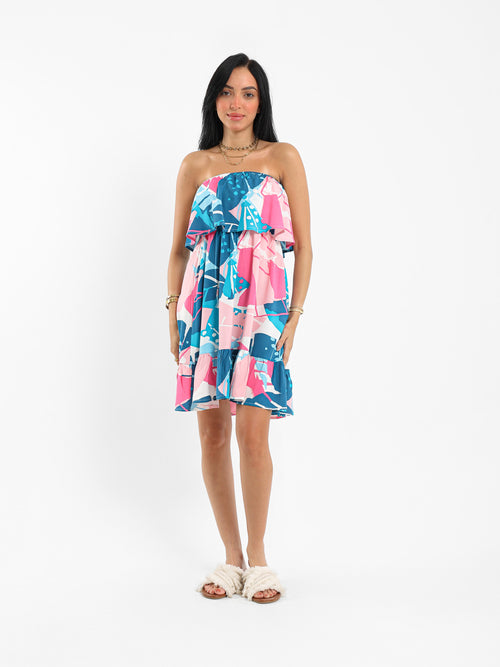 Printed Strapless Ruffled Mini Dress